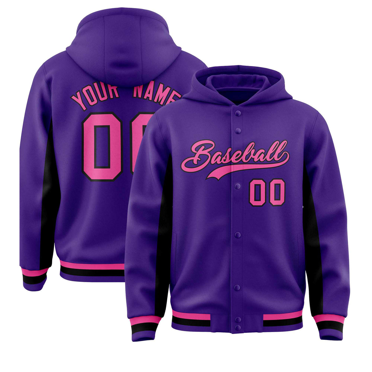 Custom Purple Black Color Block Varsity Full-Snap Letterman Jacket Hoodie| KXKSHOP