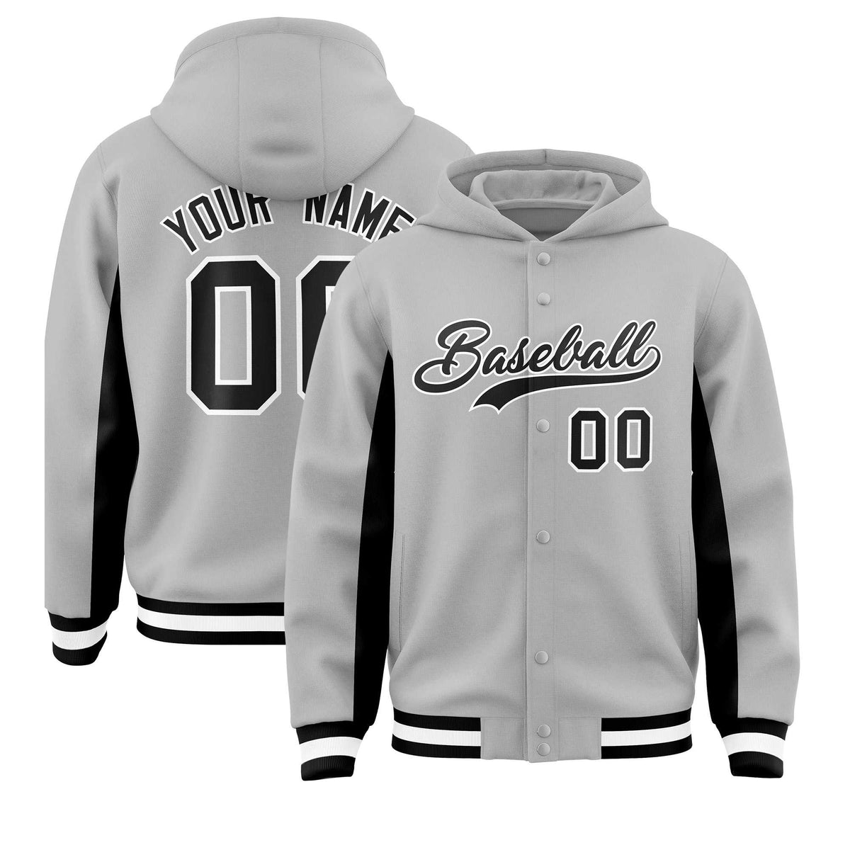 Custom Gray Black Color Block Varsity Full-Snap Letterman Jacket Hoodie| KXKSHOP