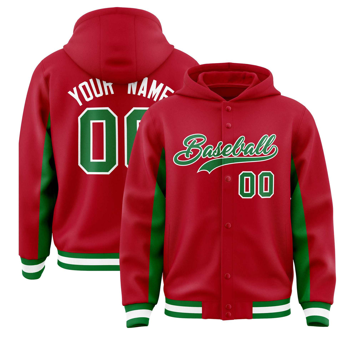 Custom Red Kelly Green Color Block Varsity Full-Snap Letterman Jacket Hoodie| KXKSHOP