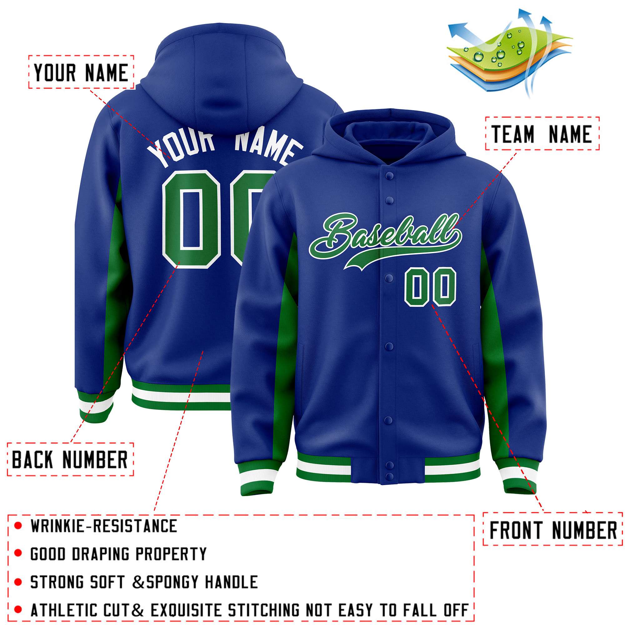 Custom Royal Kelly Green Color Block Varsity Full-Snap Letterman Jacket Hoodie| KXKSHOP