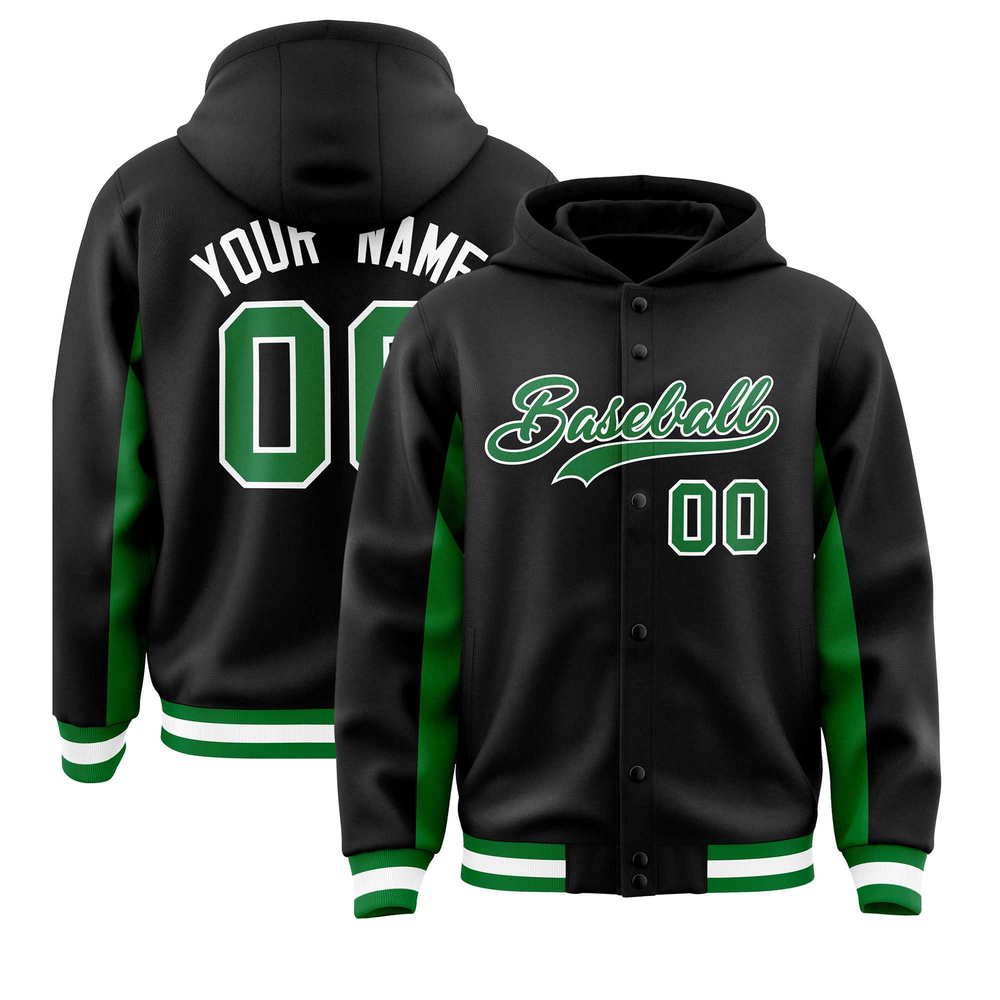 Custom Black Kelly Green Color Block Varsity Full-Snap Letterman Jacket Hoodie| KXKSHOP