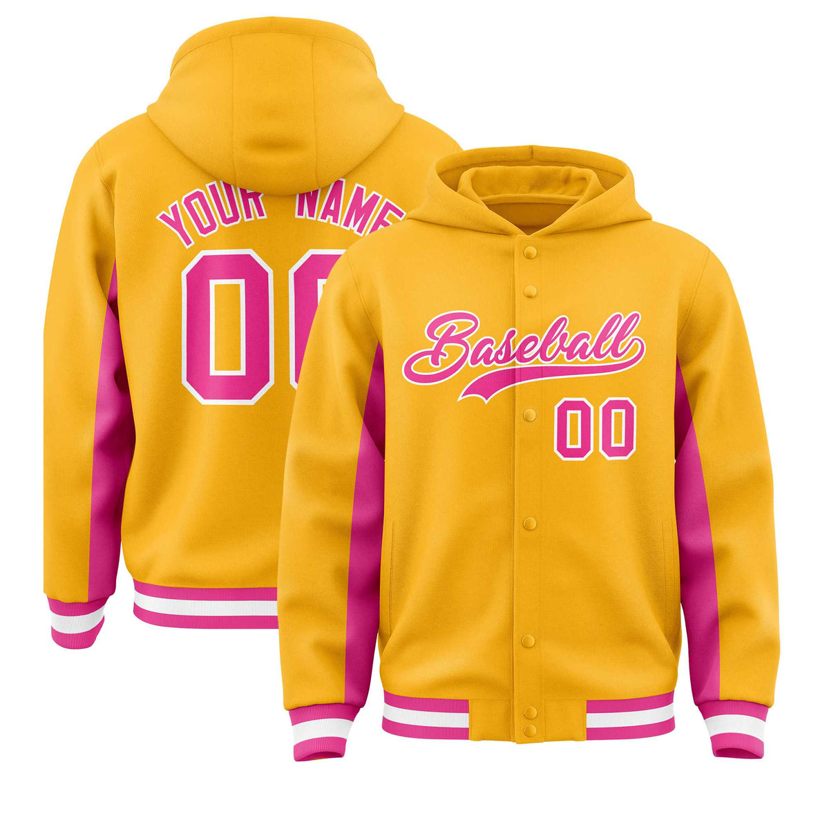 Custom Gold Pink Color Block Varsity Full-Snap Letterman Jacket Hoodie| KXKSHOP