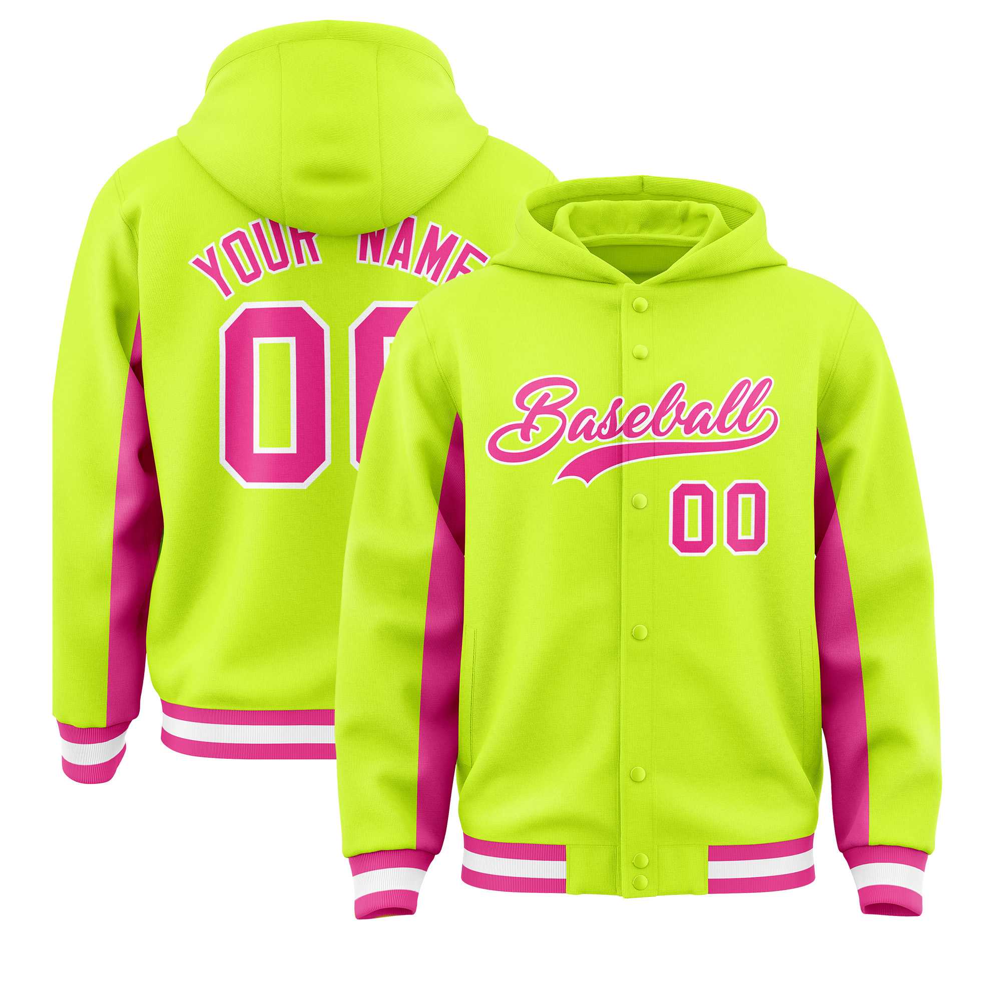 Custom Neon Green Pink Color Block Varsity Full-Snap Letterman Jacket Hoodie| KXKSHOP