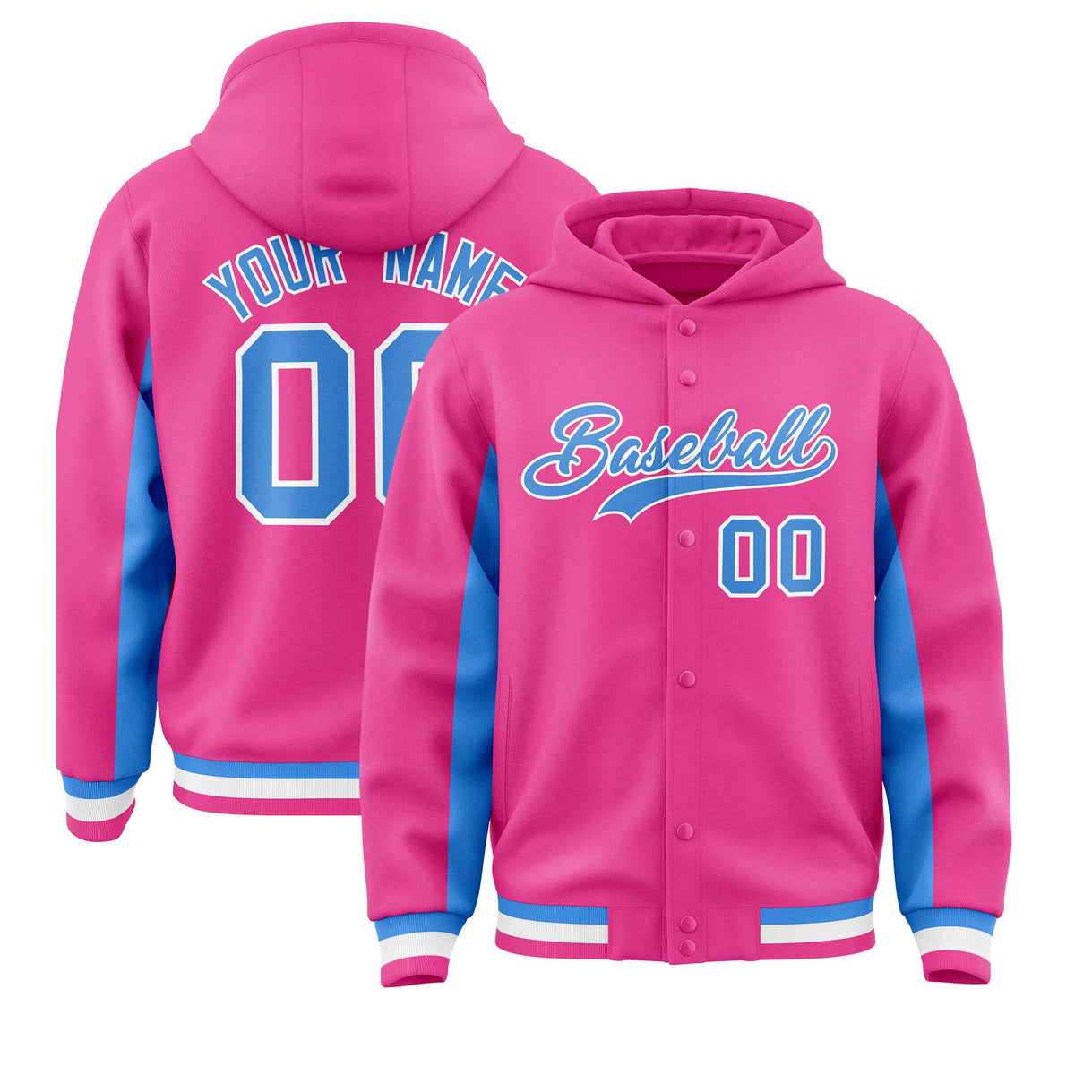 Custom Pink Powder Blue Color Block Varsity Full-Snap Letterman Jacket Hoodie| KXKSHOP