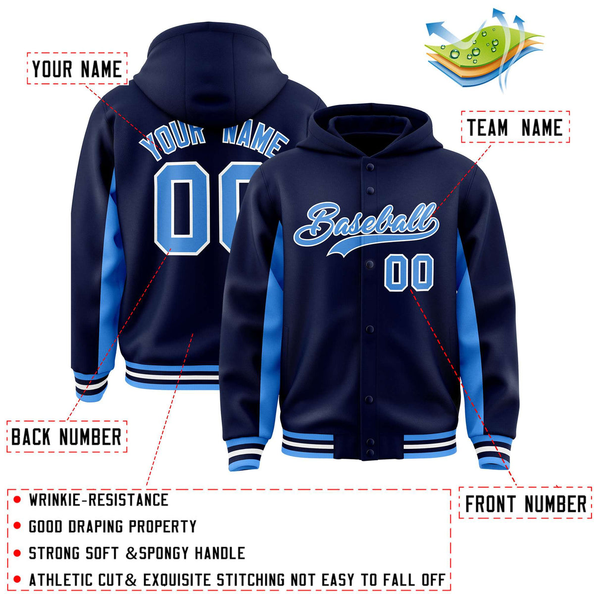Custom Navy Powder Blue Color Block Varsity Full-Snap Letterman Jacket Hoodie| KXKSHOP