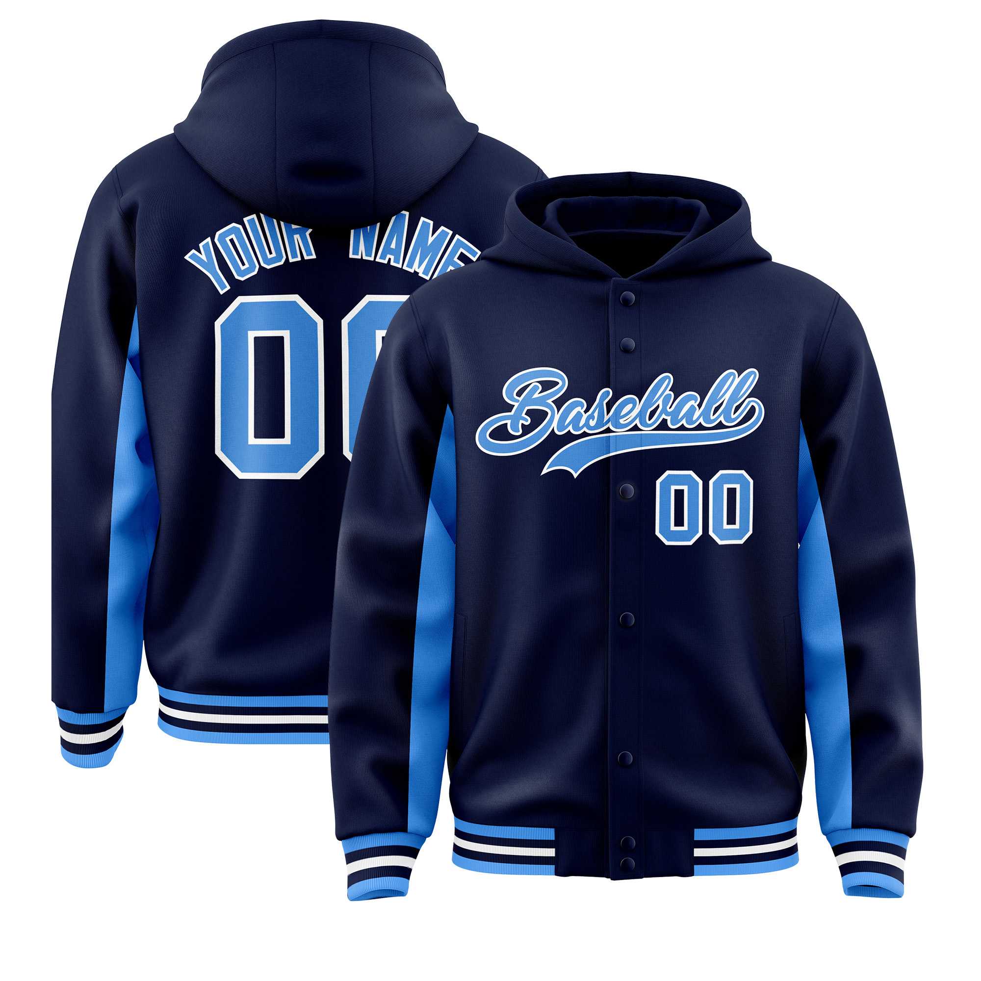 Custom Navy Powder Blue Color Block Varsity Full-Snap Letterman Jacket Hoodie| KXKSHOP