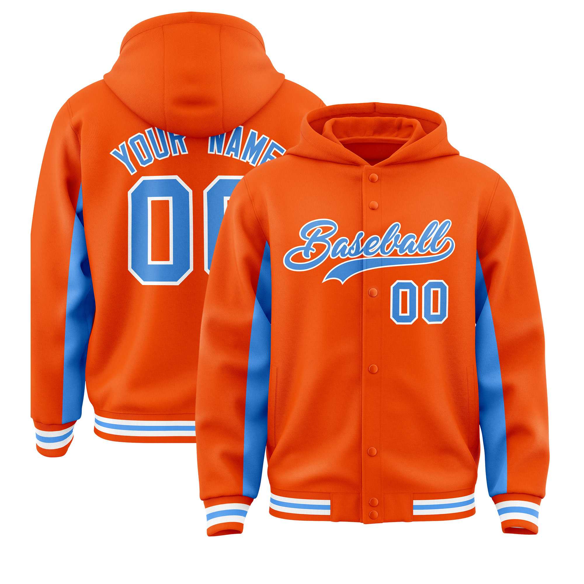 Custom Orange Powder Blue Color Block Varsity Full-Snap Letterman Jacket Hoodie| KXKSHOP