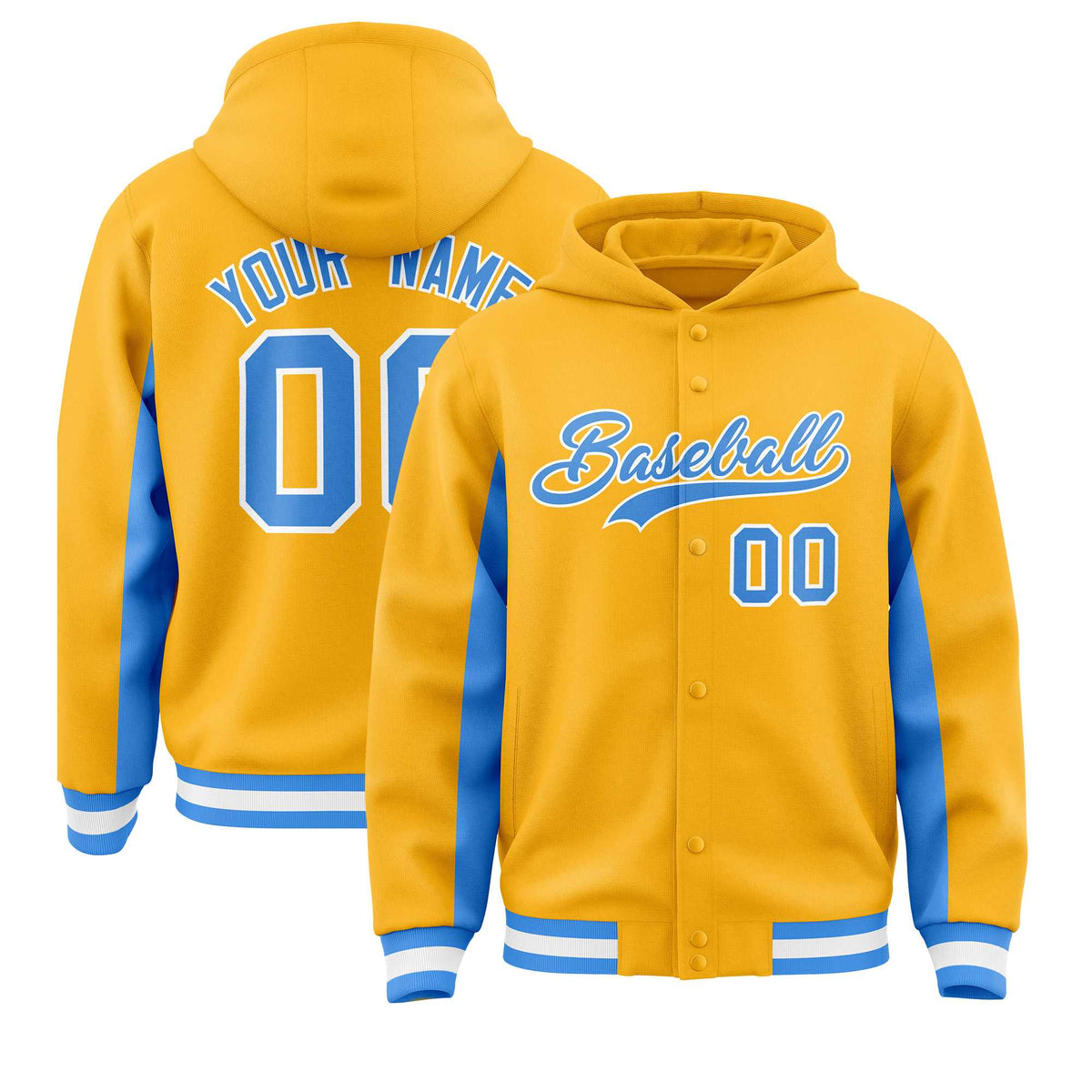 Custom Gold Powder Blue Color Block Varsity Full-Snap Letterman Jacket Hoodie| KXKSHOP