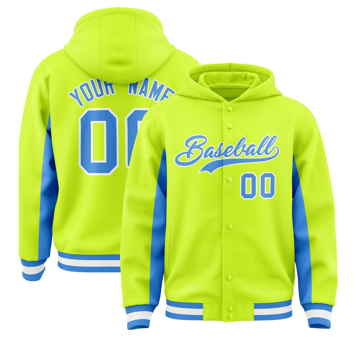 Custom Neon Green Powder Blue Color Block Varsity Full-Snap Letterman Jacket Hoodie| KXKSHOP