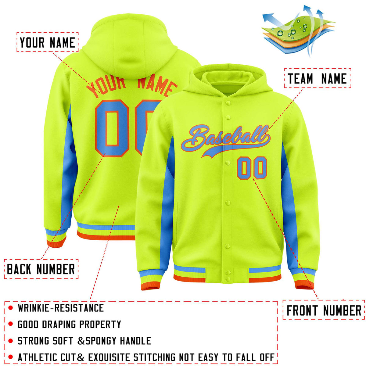 Custom Neon Green Powder Blue Color Block Varsity Full-Snap Letterman Jacket Hoodie| KXKSHOP