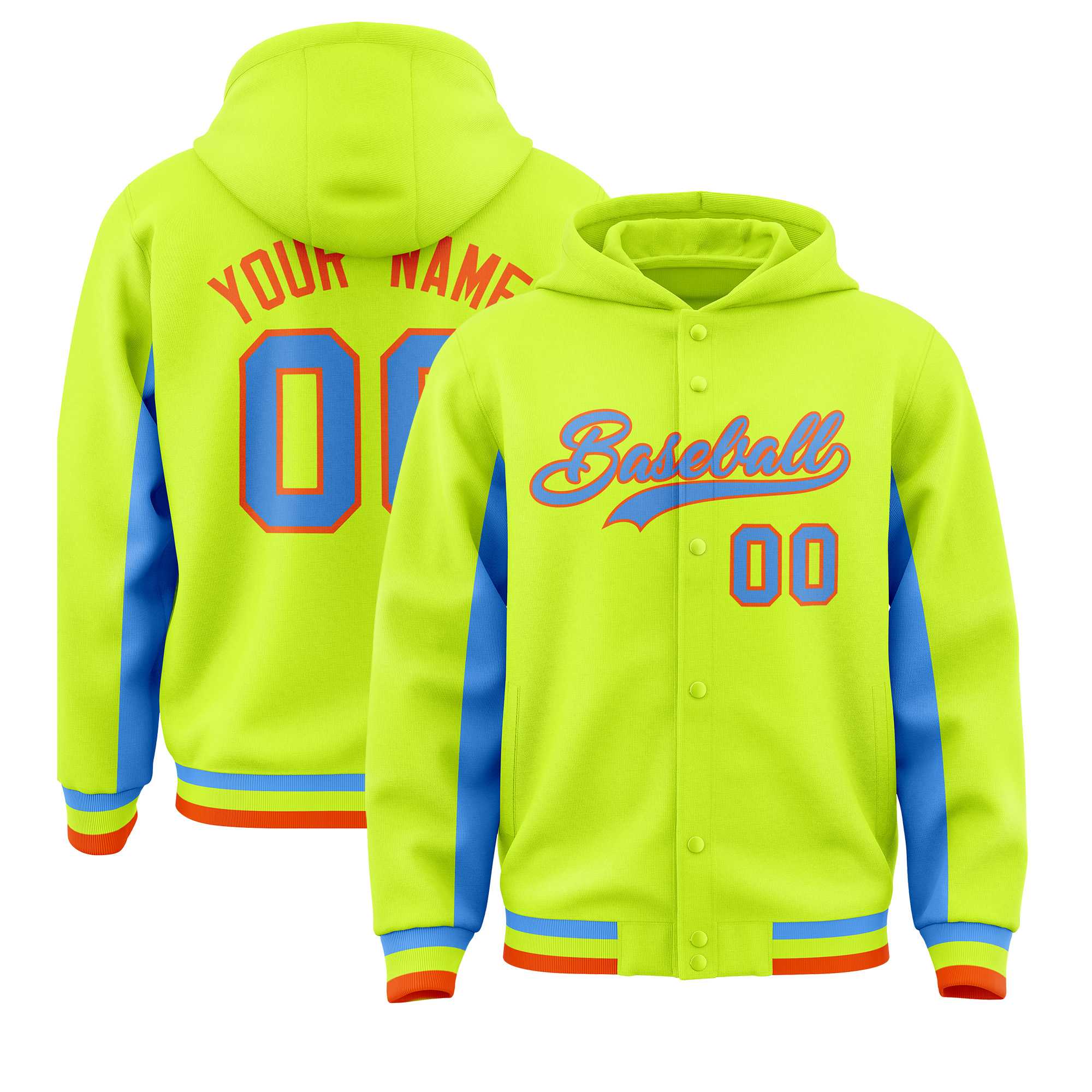 Custom Neon Green Powder Blue Color Block Varsity Full-Snap Letterman Jacket Hoodie| KXKSHOP