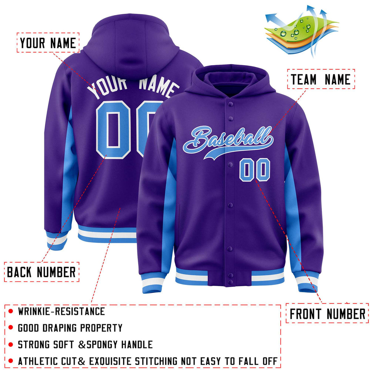 Custom Purple Powder Blue Color Block Varsity Full-Snap Letterman Jacket Hoodie| KXKSHOP