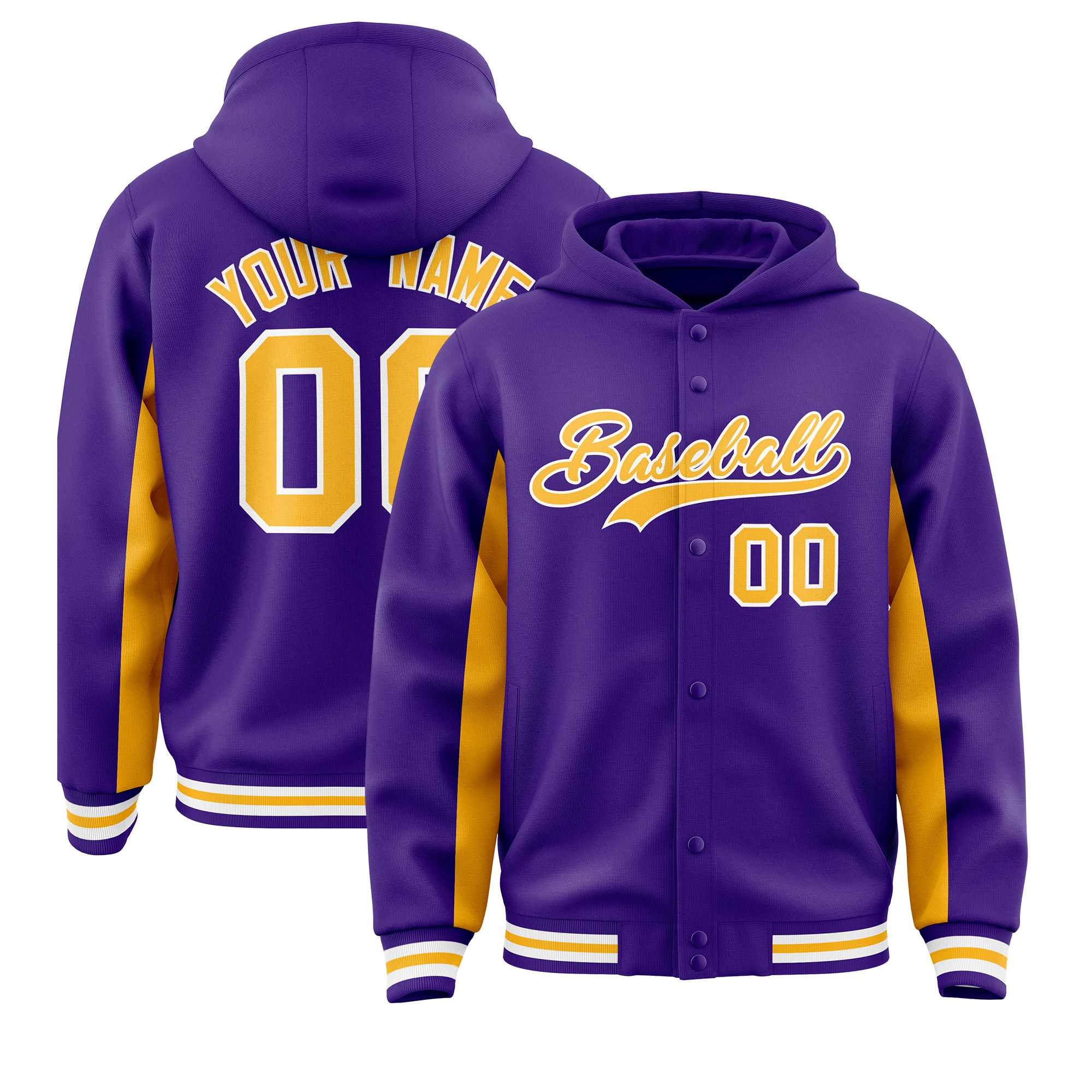 Custom Purple Gold Color Block Varsity Full-Snap Letterman Jacket Hoodie| KXKSHOP