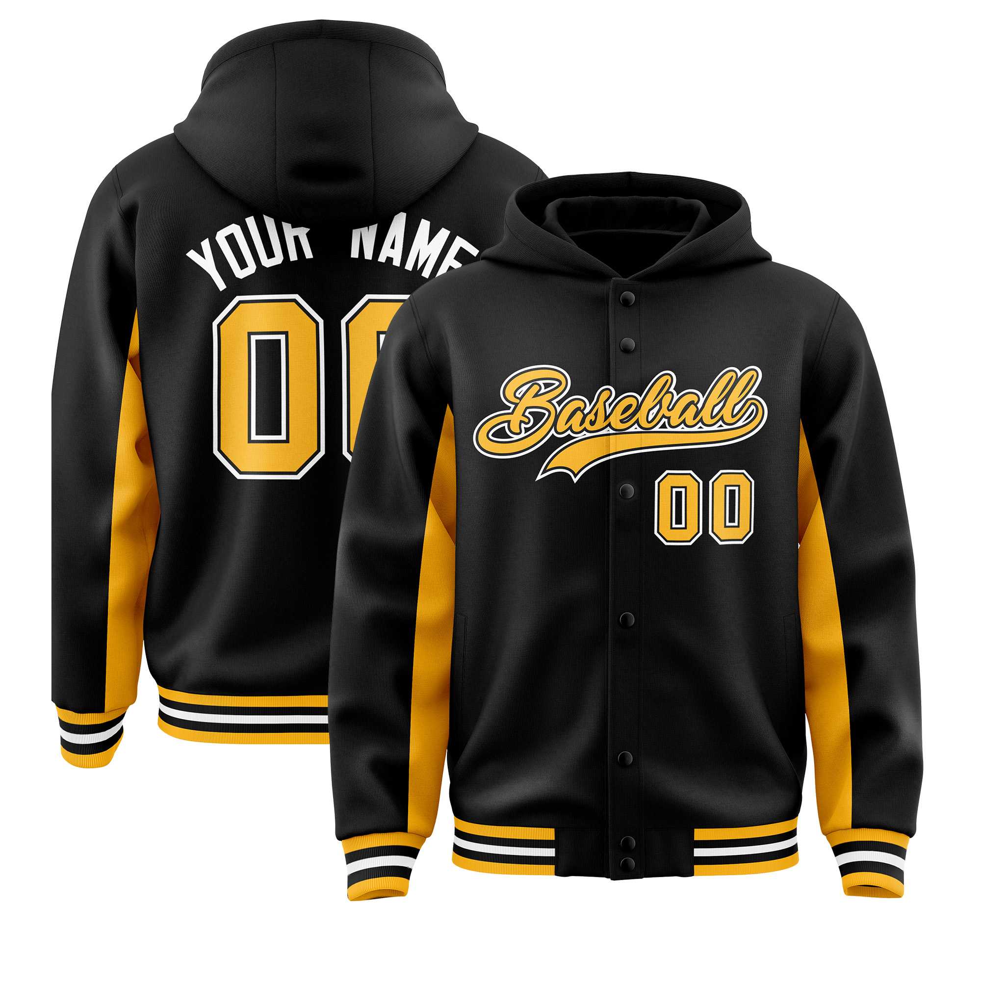 Custom Black Gold Color Block Varsity Full-Snap Letterman Jacket Hoodie| KXKSHOP