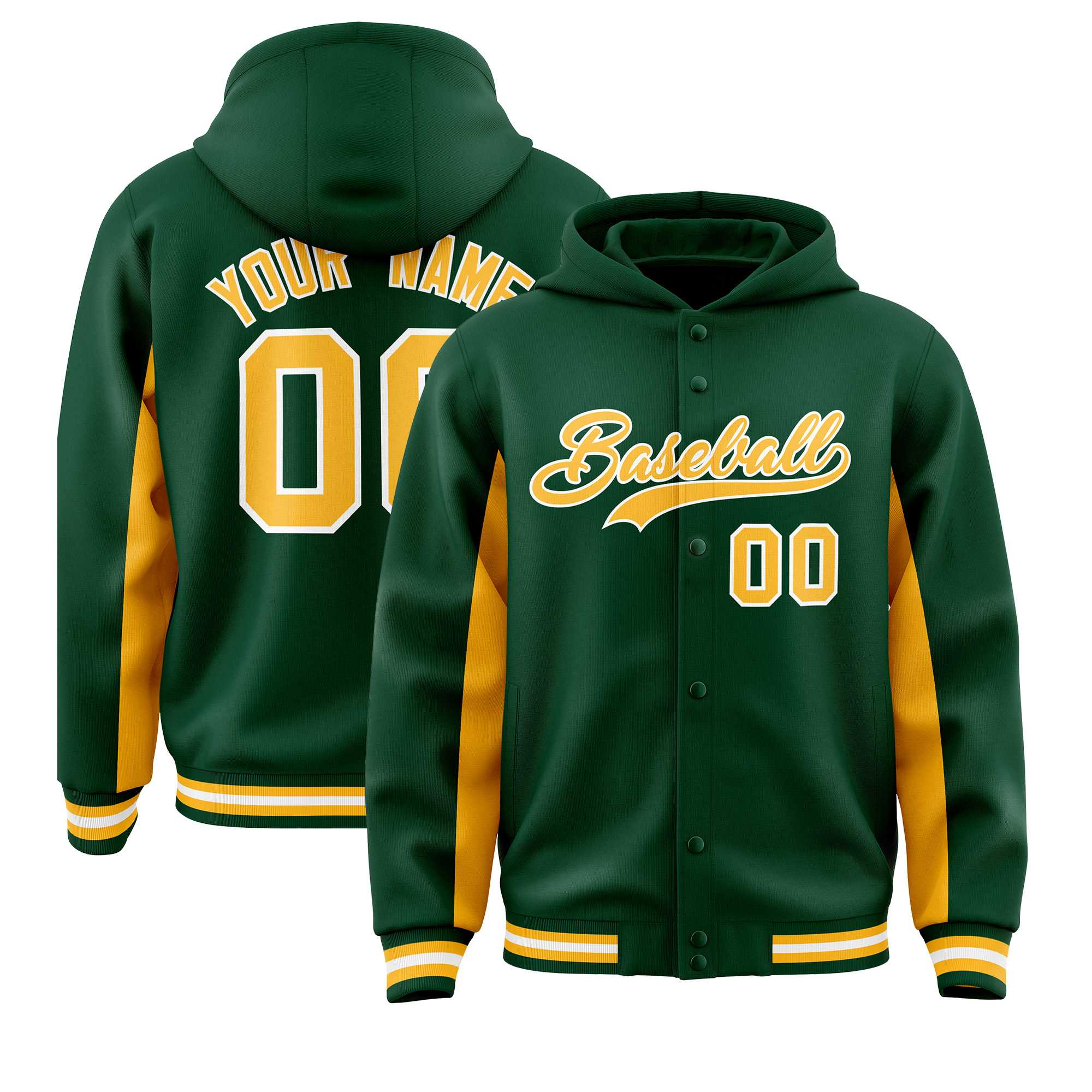 Custom Green Gold Color Block Varsity Full-Snap Letterman Jacket Hoodie| KXKSHOP