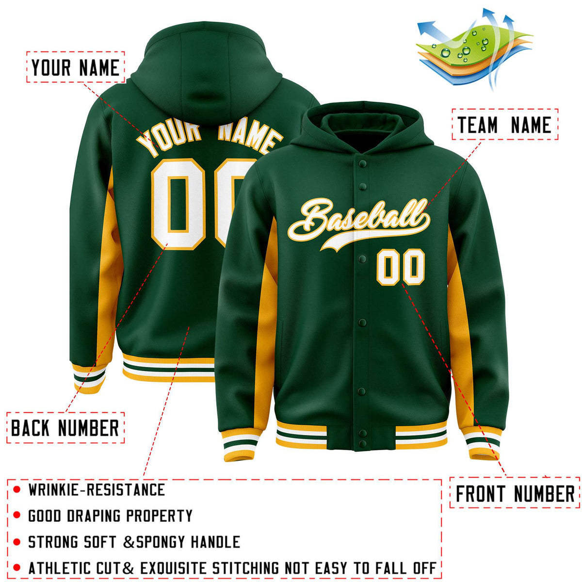 Custom Green Gold Color Block Varsity Full-Snap Letterman Jacket Hoodie| KXKSHOP