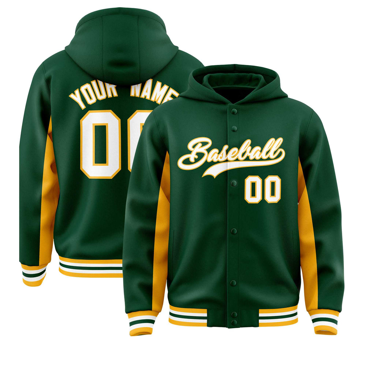 Custom Green Gold Color Block Varsity Full-Snap Letterman Jacket Hoodie| KXKSHOP