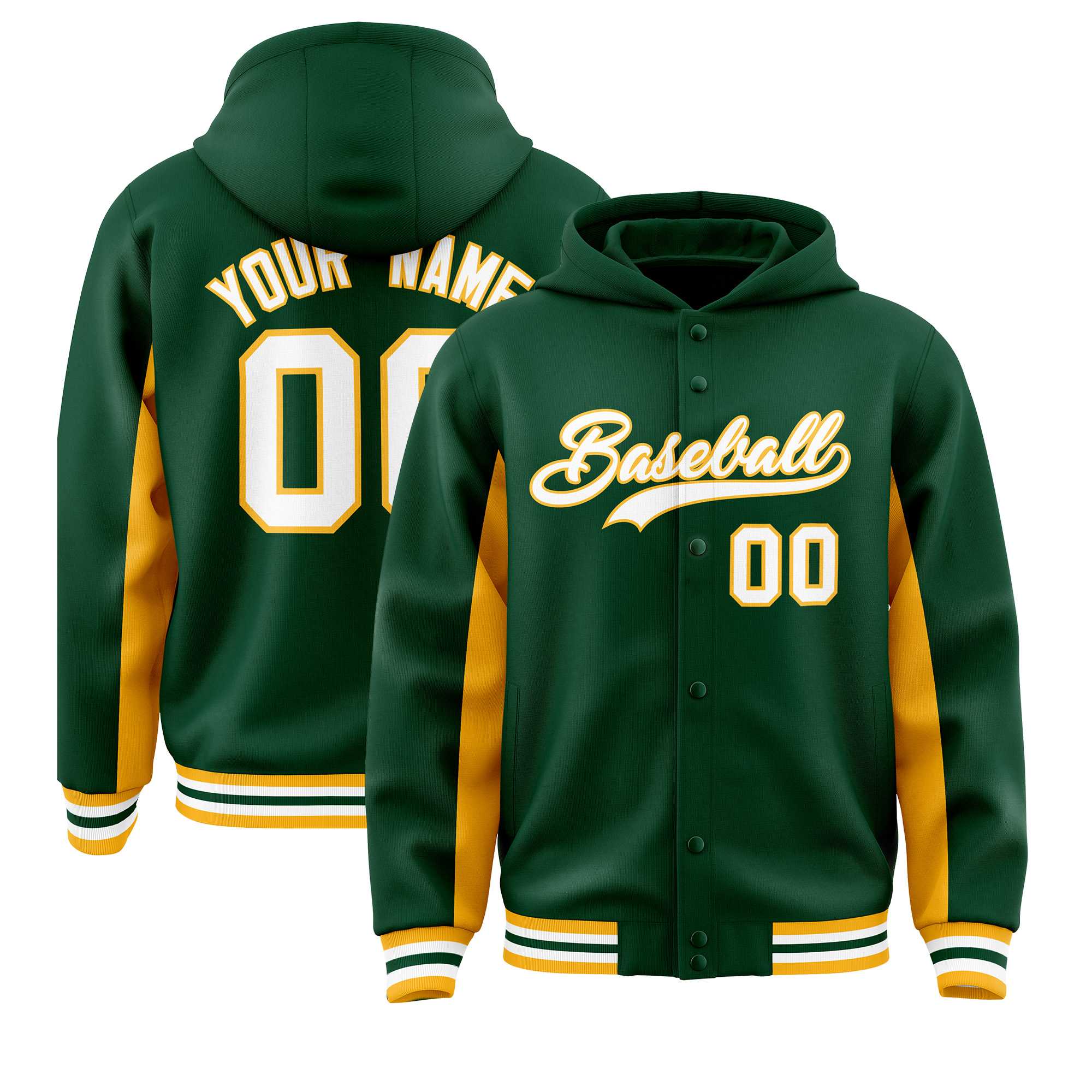 Custom Green Gold Color Block Varsity Full-Snap Letterman Jacket Hoodie| KXKSHOP