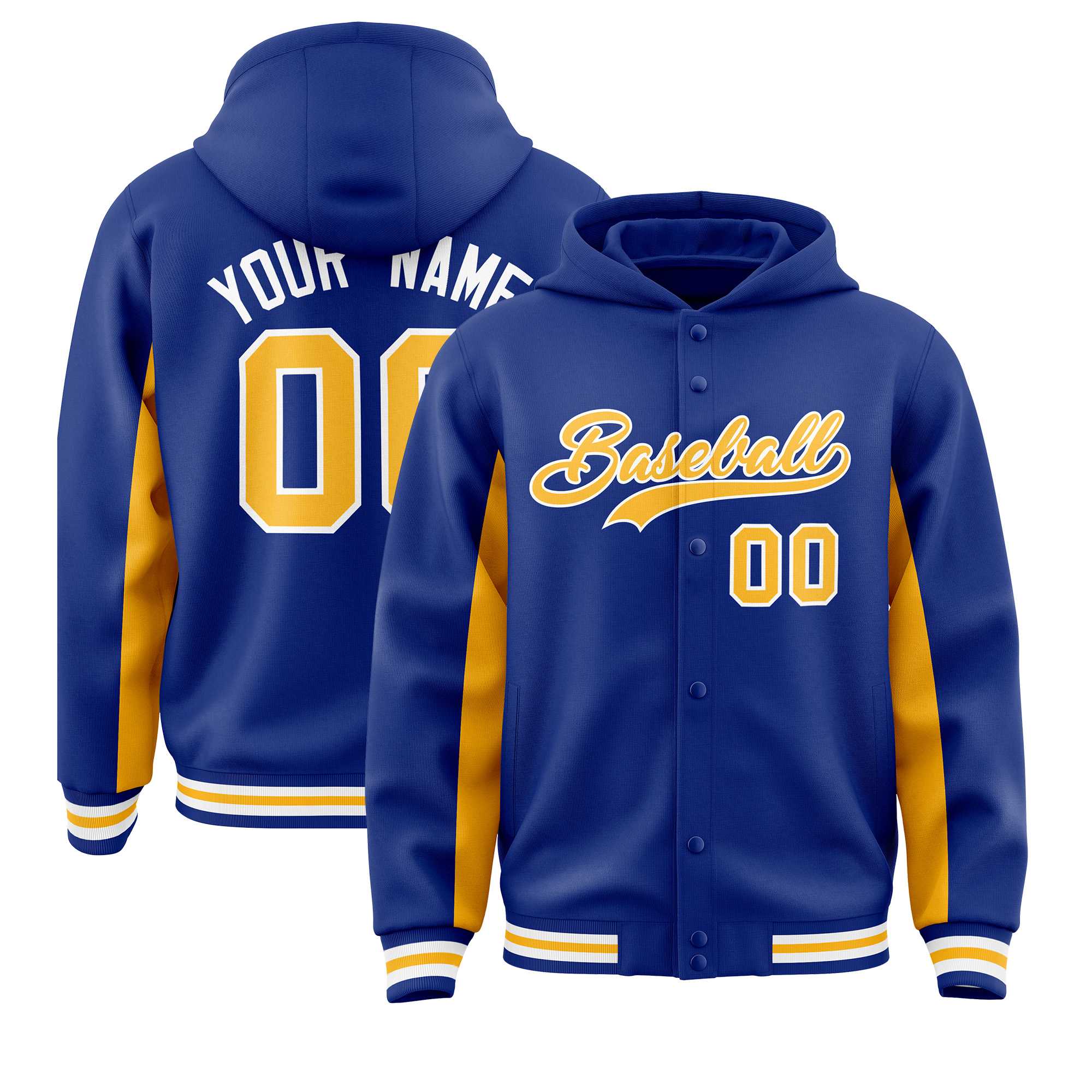 Custom Royal Gold Color Block Varsity Full-Snap Letterman Jacket Hoodie| KXKSHOP