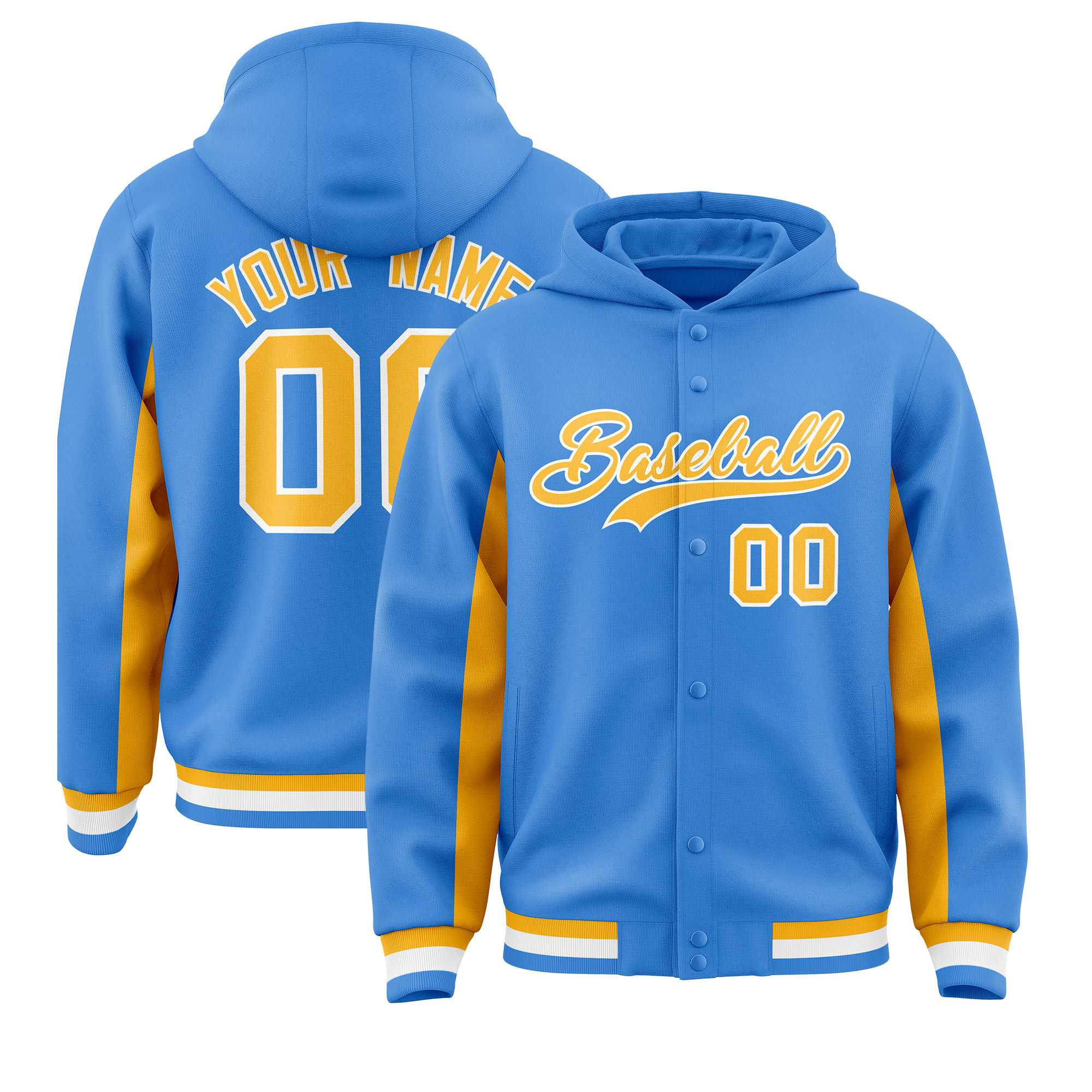 Custom Powder Blue Gold Color Block Varsity Full-Snap Letterman Jacket Hoodie| KXKSHOP