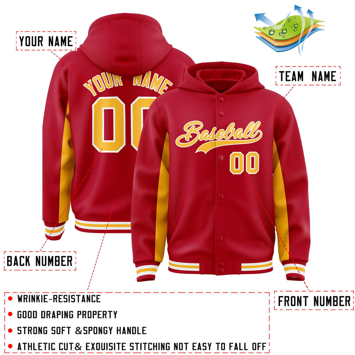 Custom Red Gold Color Block Varsity Full-Snap Letterman Jacket Hoodie| KXKSHOP
