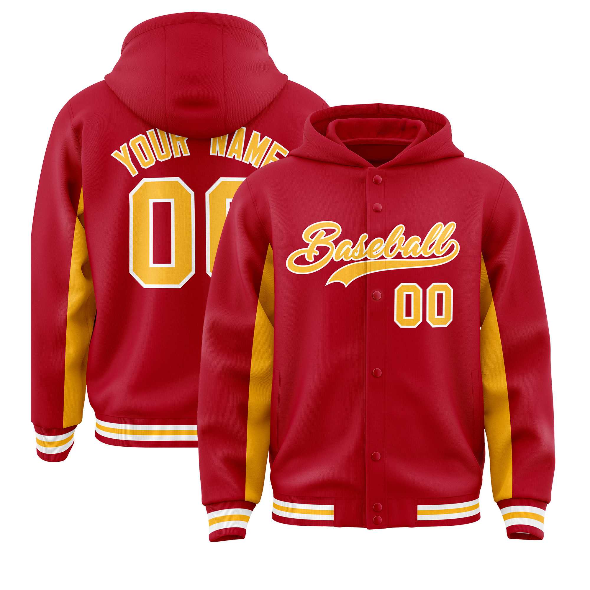 Custom Red Gold Color Block Varsity Full-Snap Letterman Jacket Hoodie| KXKSHOP