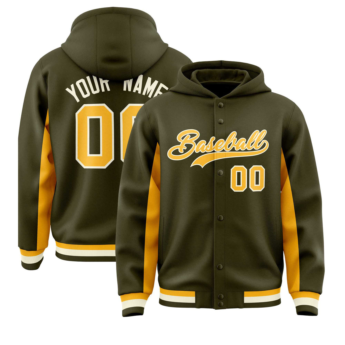 Custom Olive Gold Color Block Varsity Full-Snap Letterman Jacket Hoodie| KXKSHOP