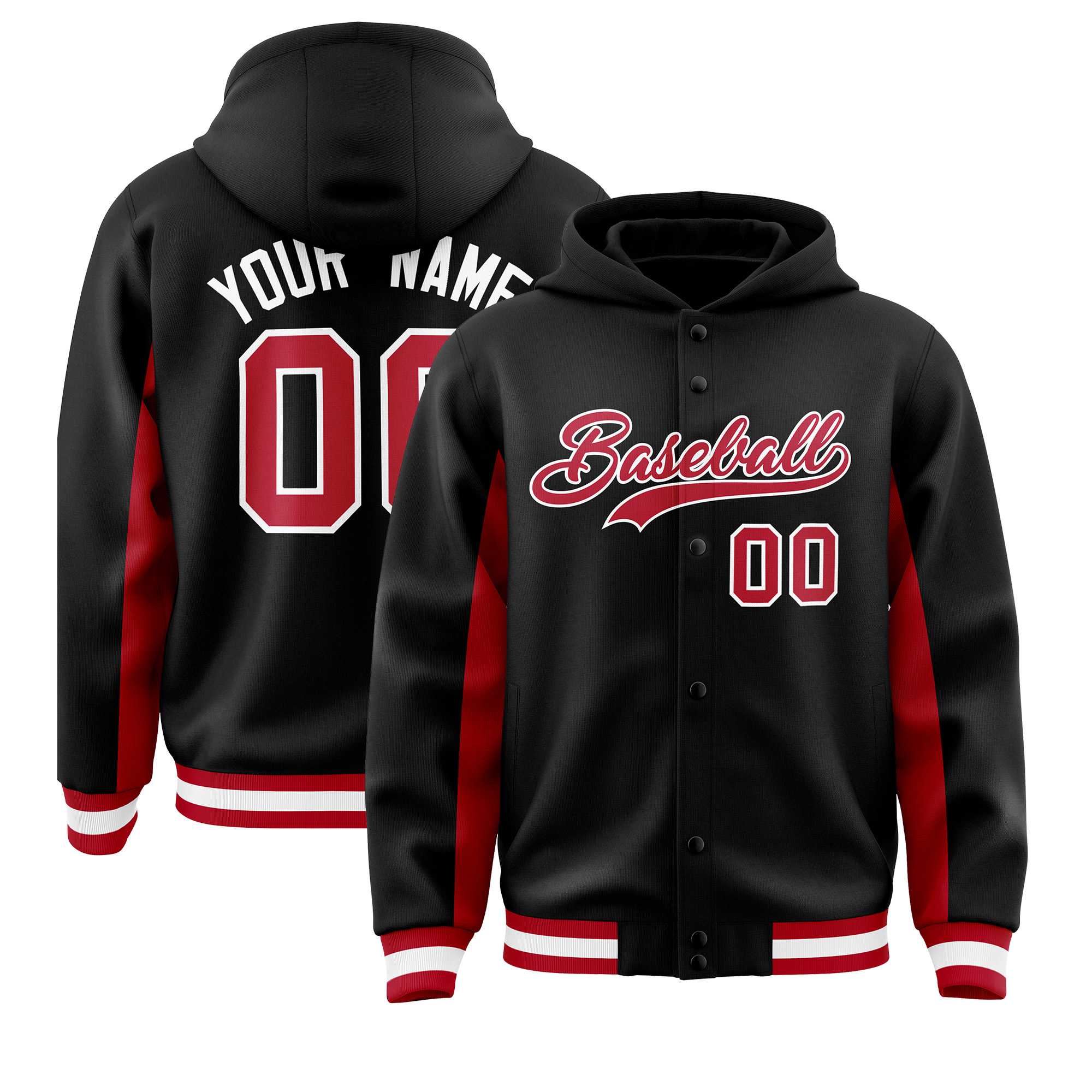 Custom Black Red Color Block Varsity Full-Snap Letterman Jacket Hoodie| KXKSHOP