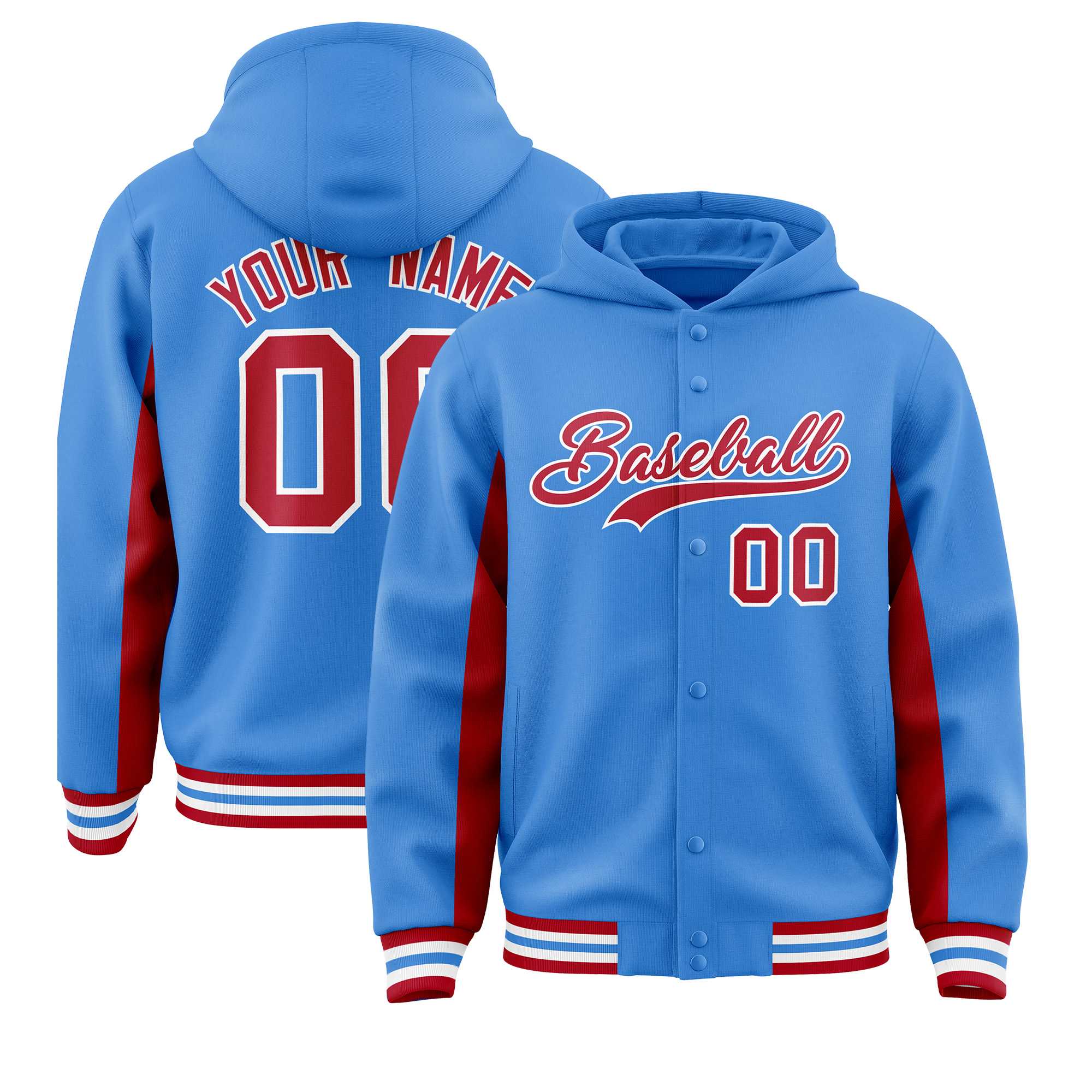 Custom Powder Blue Red Color Block Varsity Full-Snap Letterman Jacket Hoodie| KXKSHOP