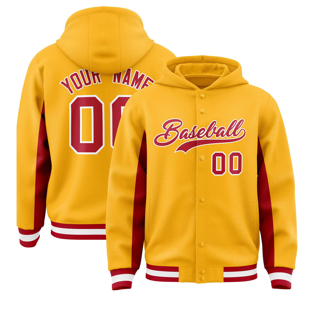 Custom Gold Red Color Block Varsity Full-Snap Letterman Jacket Hoodie| KXKSHOP