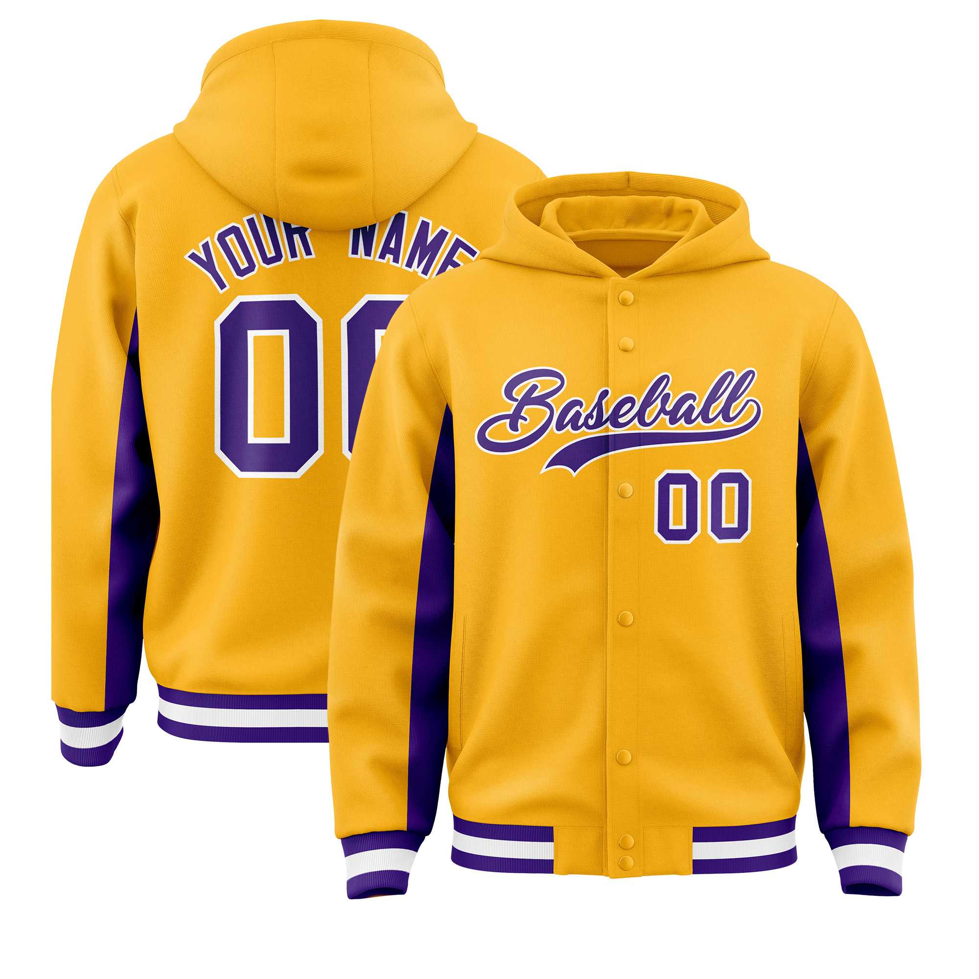 Custom Gold Purple Color Block Varsity Full-Snap Letterman Jacket Hoodie| KXKSHOP