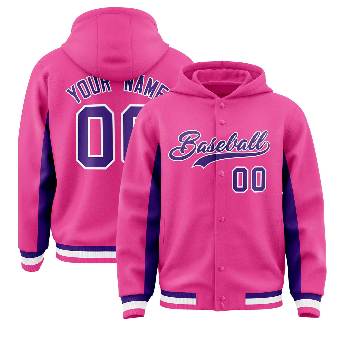 Custom Pink Purple Color Block Varsity Full-Snap Letterman Jacket Hoodie| KXKSHOP