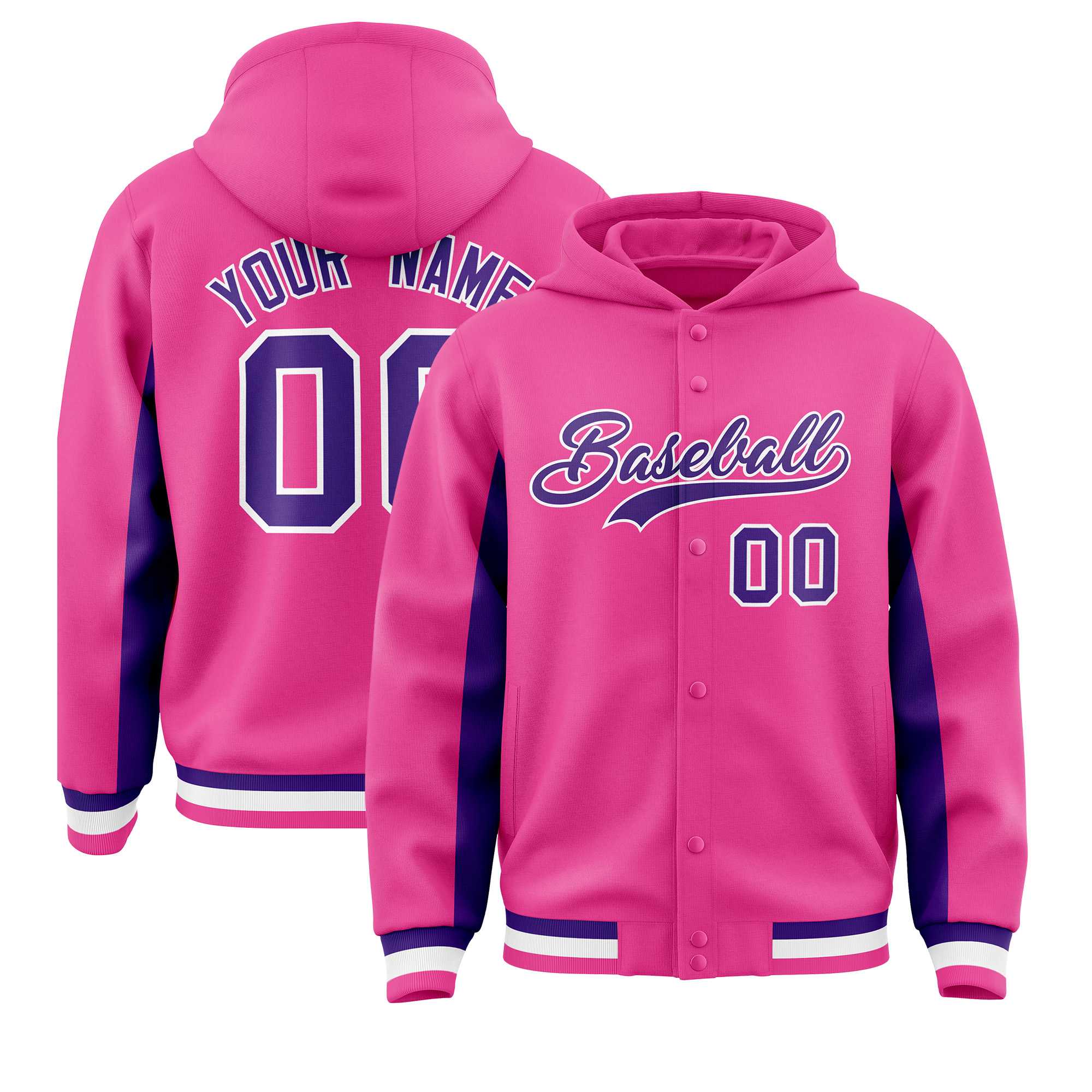 Custom Pink Purple Color Block Varsity Full-Snap Letterman Jacket Hoodie| KXKSHOP