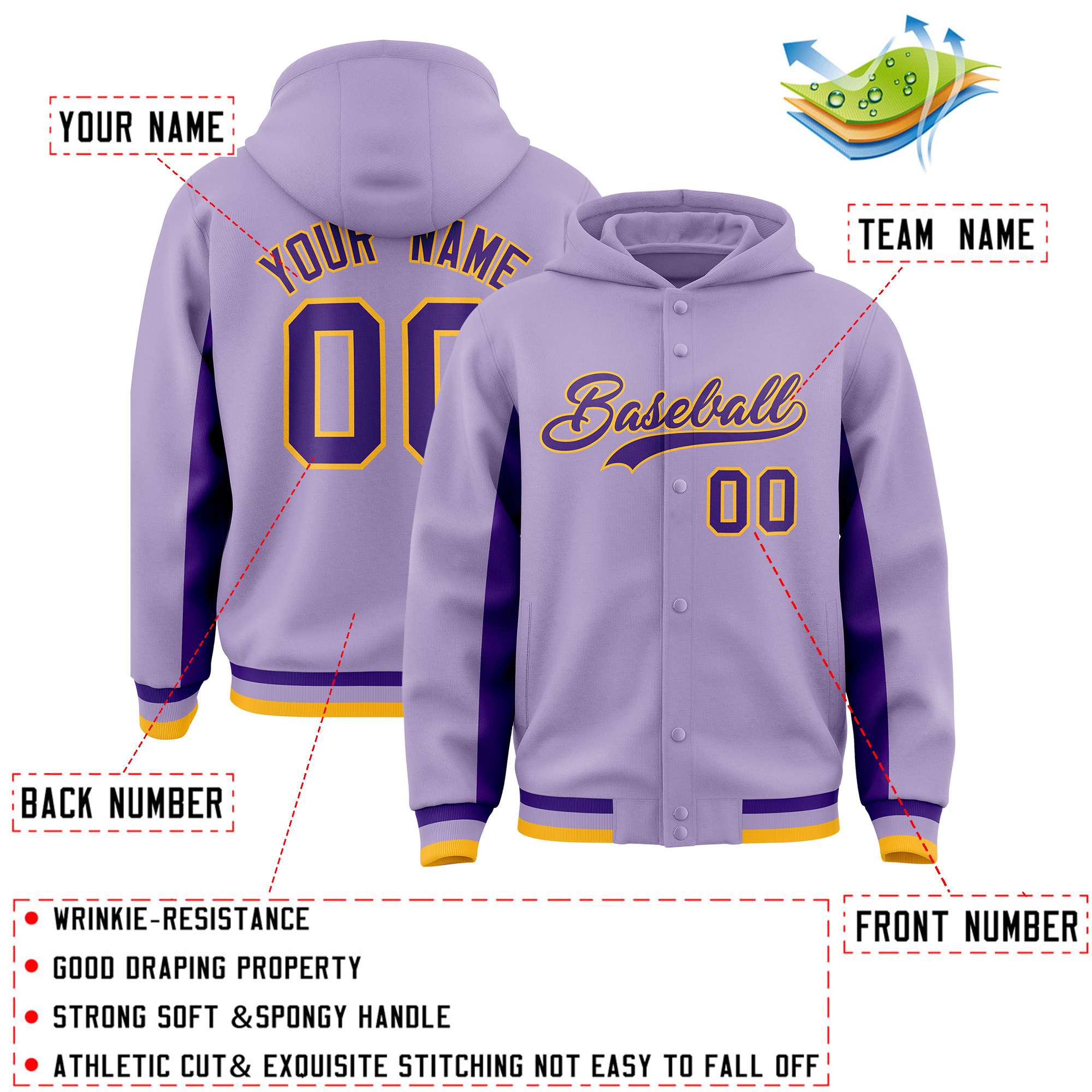 Custom Light Purple Purple Color Block Varsity Full-Snap Letterman Jacket Hoodie| KXKSHOP