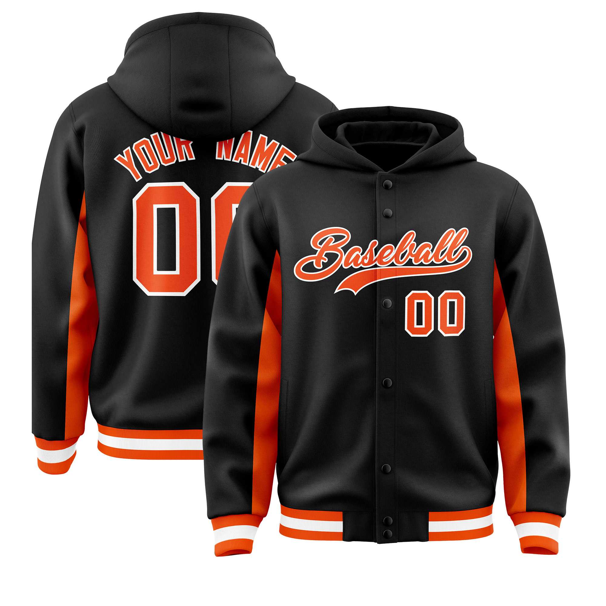Custom Black Orange Color Block Varsity Full-Snap Letterman Jacket Hoodie| KXKSHOP