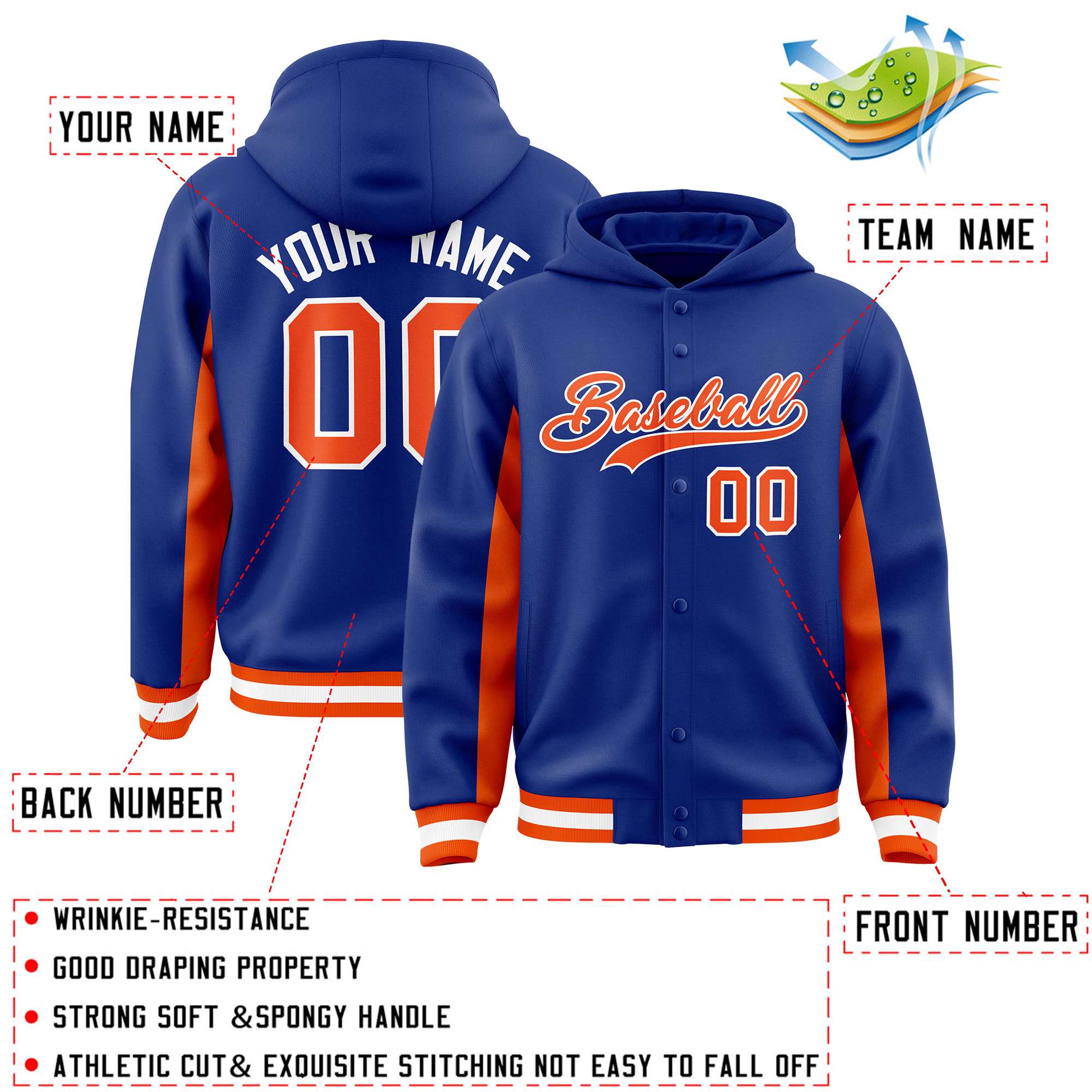 Custom Royal Orange Color Block Varsity Full-Snap Letterman Jacket Hoodie| KXKSHOP