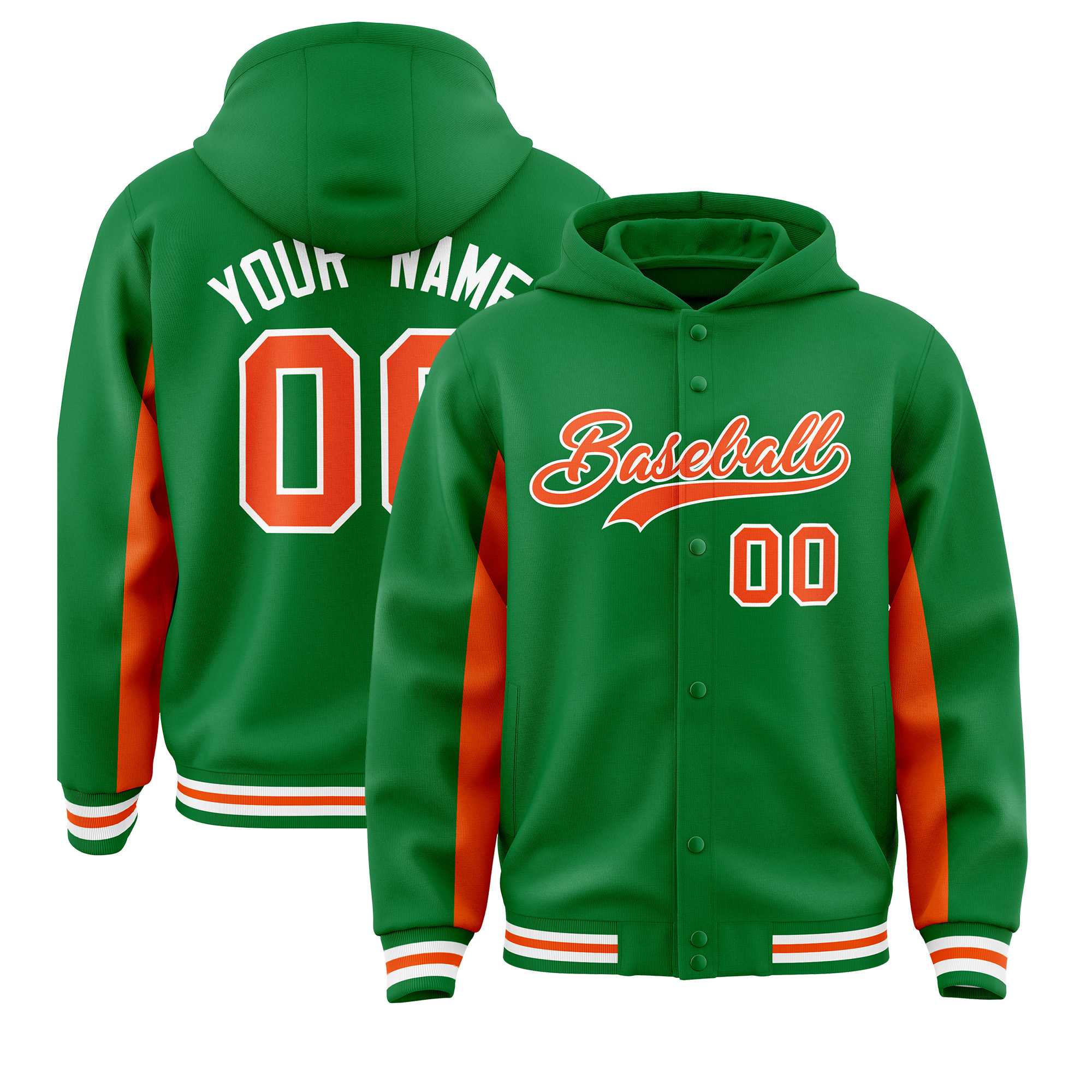 Custom Kelly Green Orange Color Block Varsity Full-Snap Letterman Jacket Hoodie| KXKSHOP