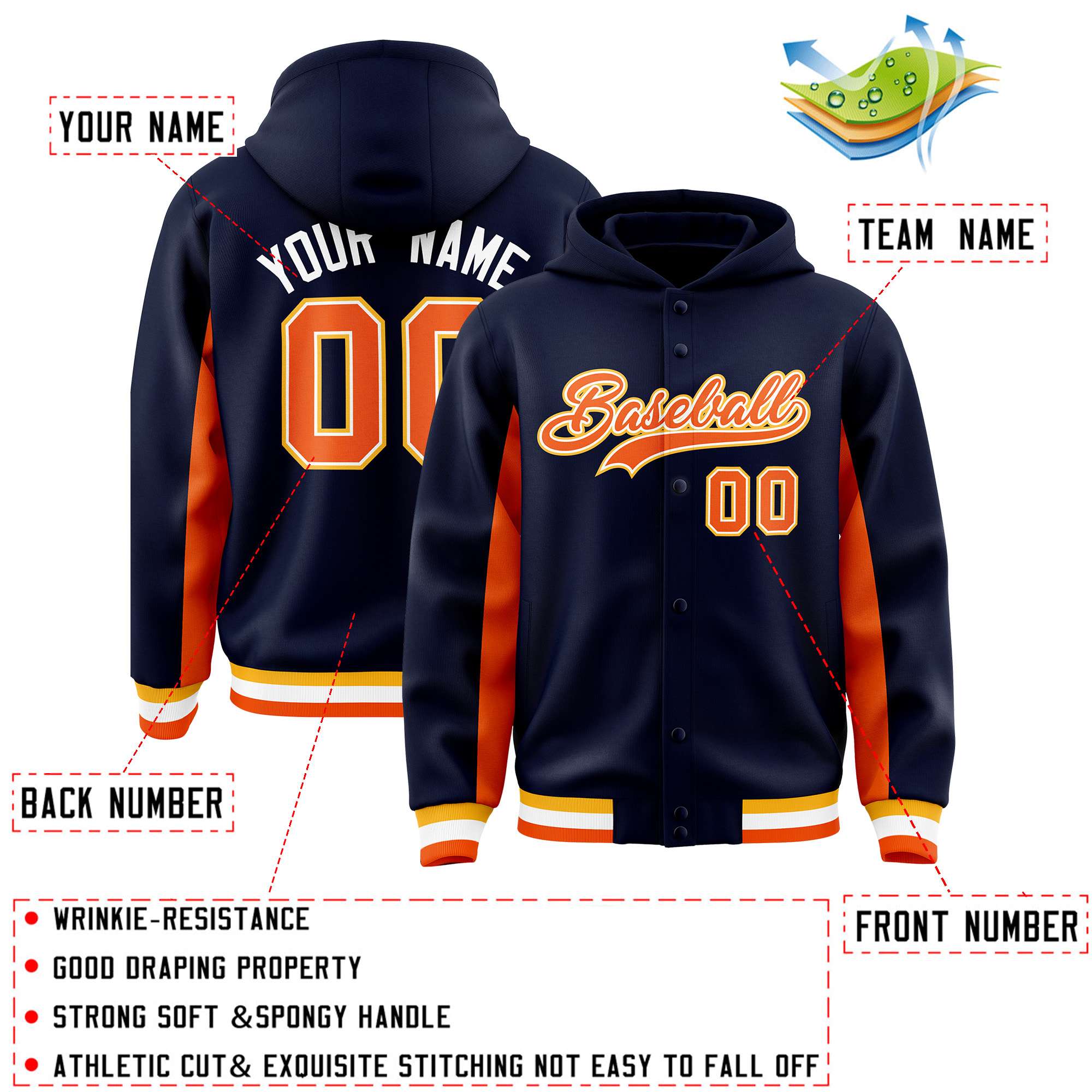 Custom Navy Orange Color Block Varsity Full-Snap Letterman Jacket Hoodie| KXKSHOP