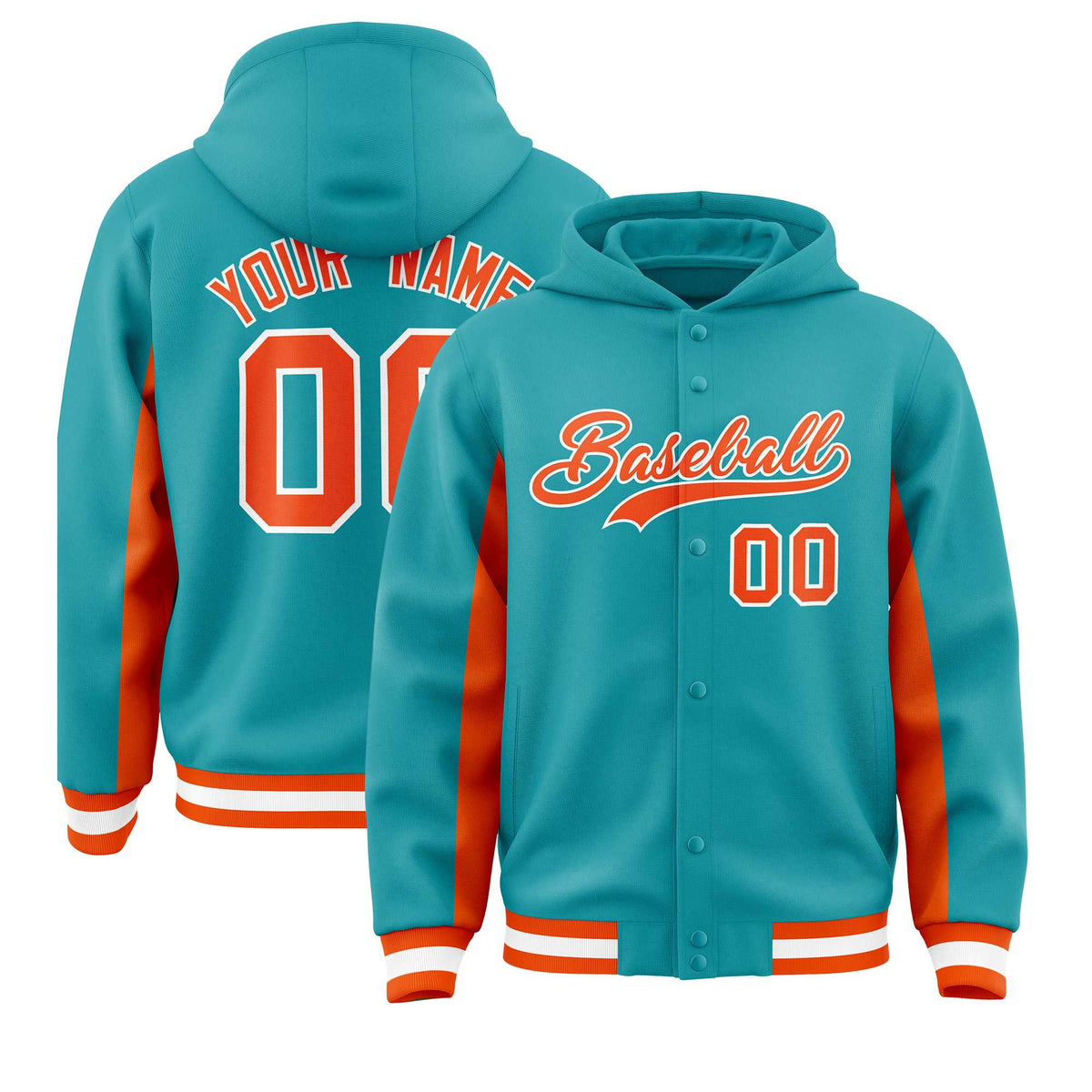 Custom Aqua Orange Color Block Varsity Full-Snap Letterman Jacket Hoodie| KXKSHOP