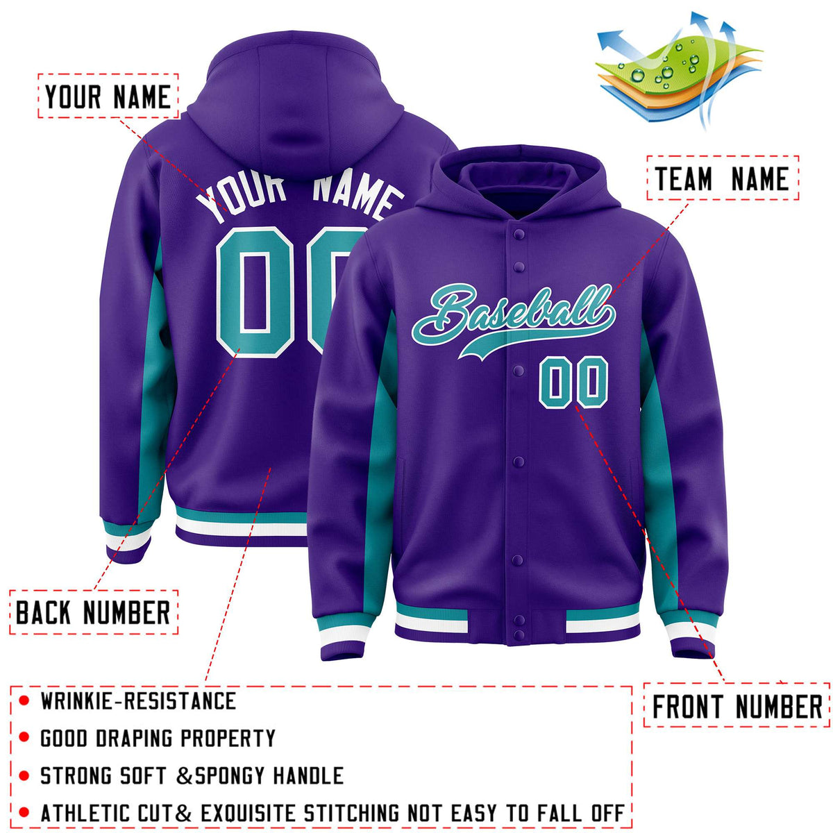 Custom Purple Aqua Color Block Varsity Full-Snap Letterman Jacket Hoodie| KXKSHOP