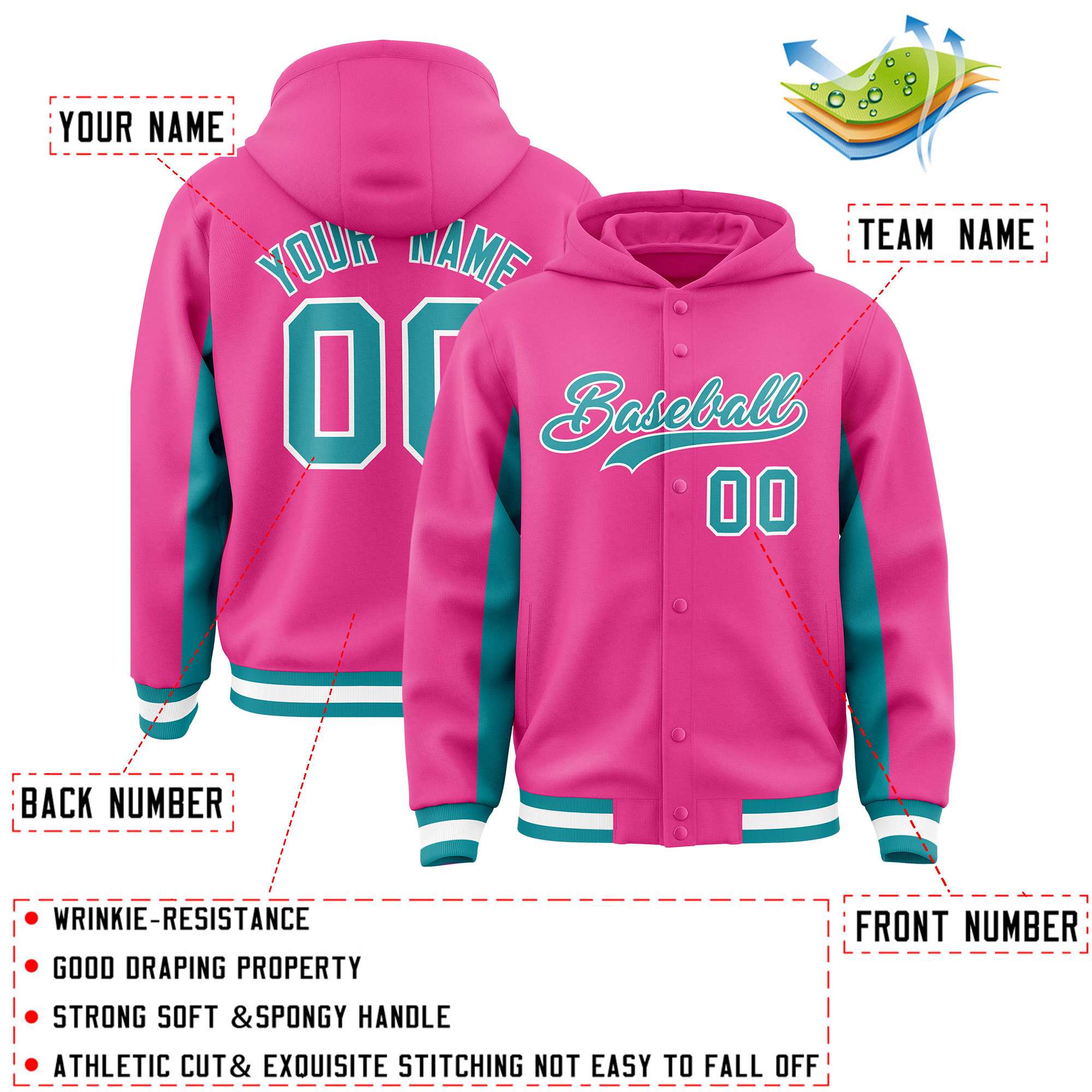 Custom Pink Aqua Color Block Varsity Full-Snap Letterman Jacket Hoodie| KXKSHOP