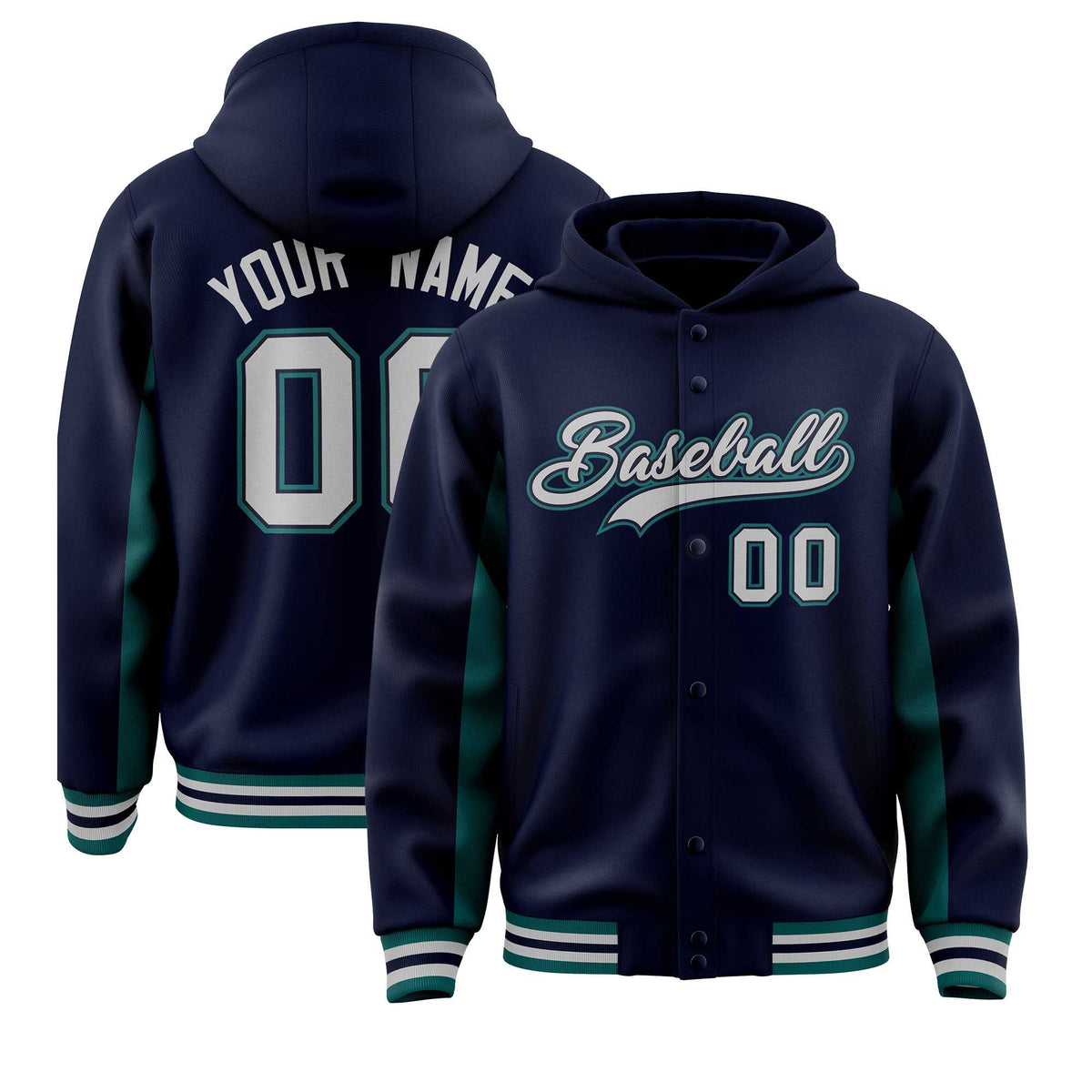 Custom Navy Aqua Color Block Varsity Full-Snap Letterman Jacket Hoodie| KXKSHOP