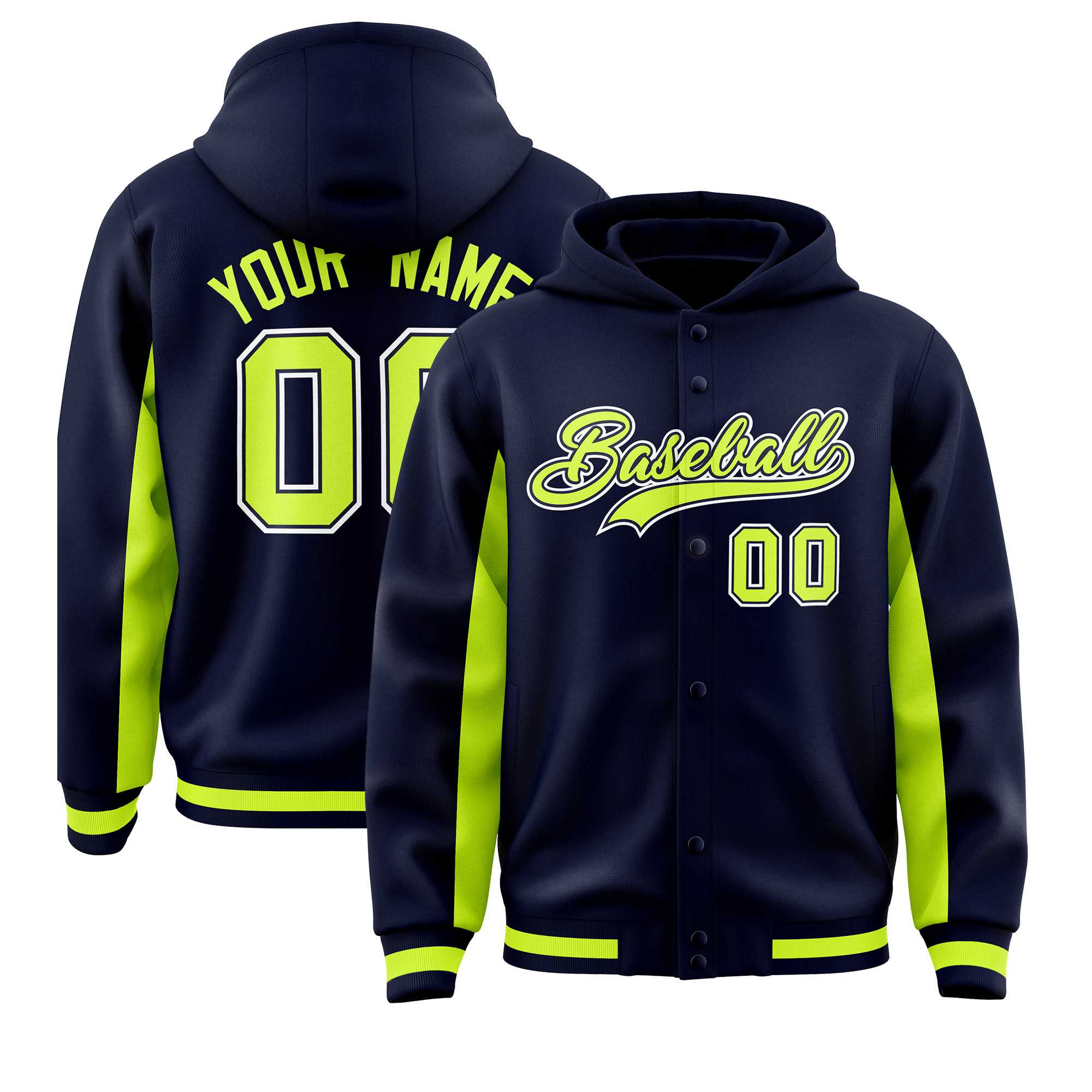 Custom Navy Neon Green Color Block Varsity Full-Snap Letterman Jacket Hoodie| KXKSHOP