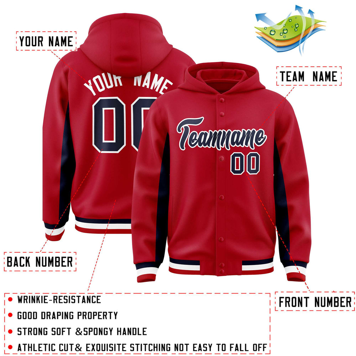 Custom Red Navy Color Block Varsity Full-Snap Letterman Jacket Hoodie| KXKSHOP