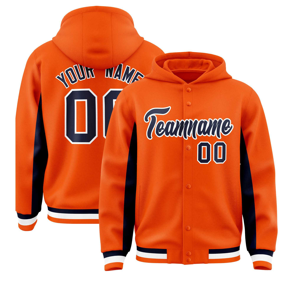 Custom Orange Navy Color Block Varsity Full-Snap Letterman Jacket Hoodie| KXKSHOP