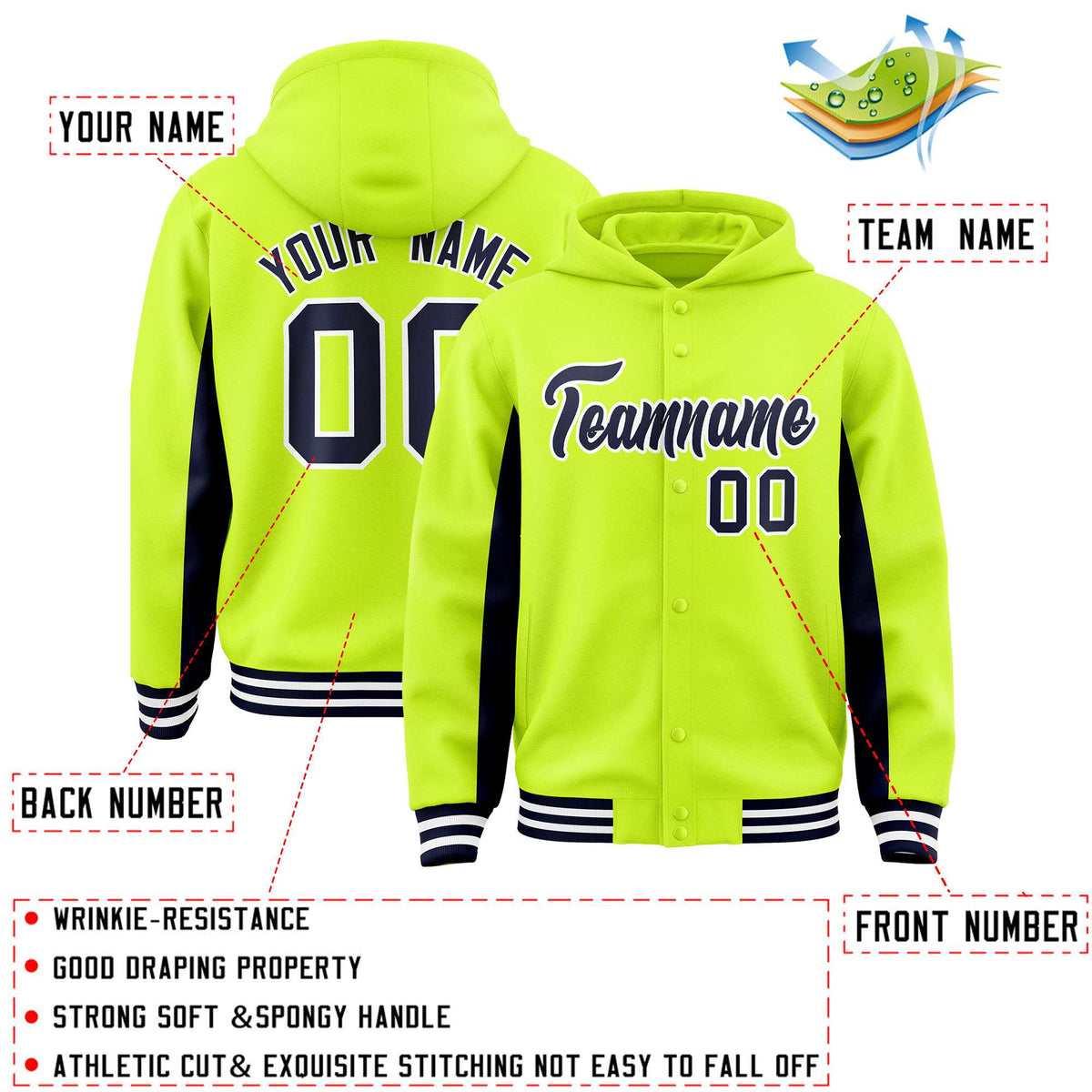 Custom Neon Green Navy Color Block Varsity Full-Snap Letterman Jacket Hoodie| KXKSHOP