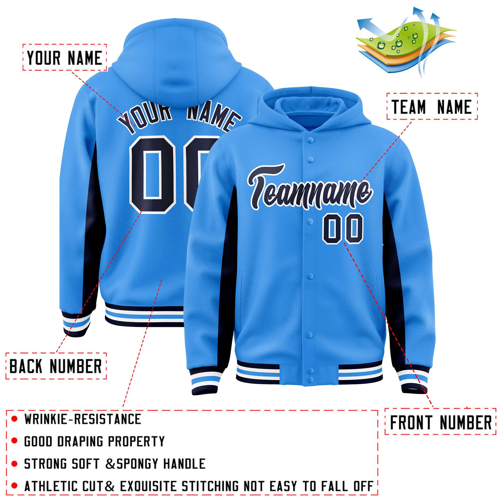 Custom Powder Blue Navy Color Block Varsity Full-Snap Letterman Jacket Hoodie| KXKSHOP