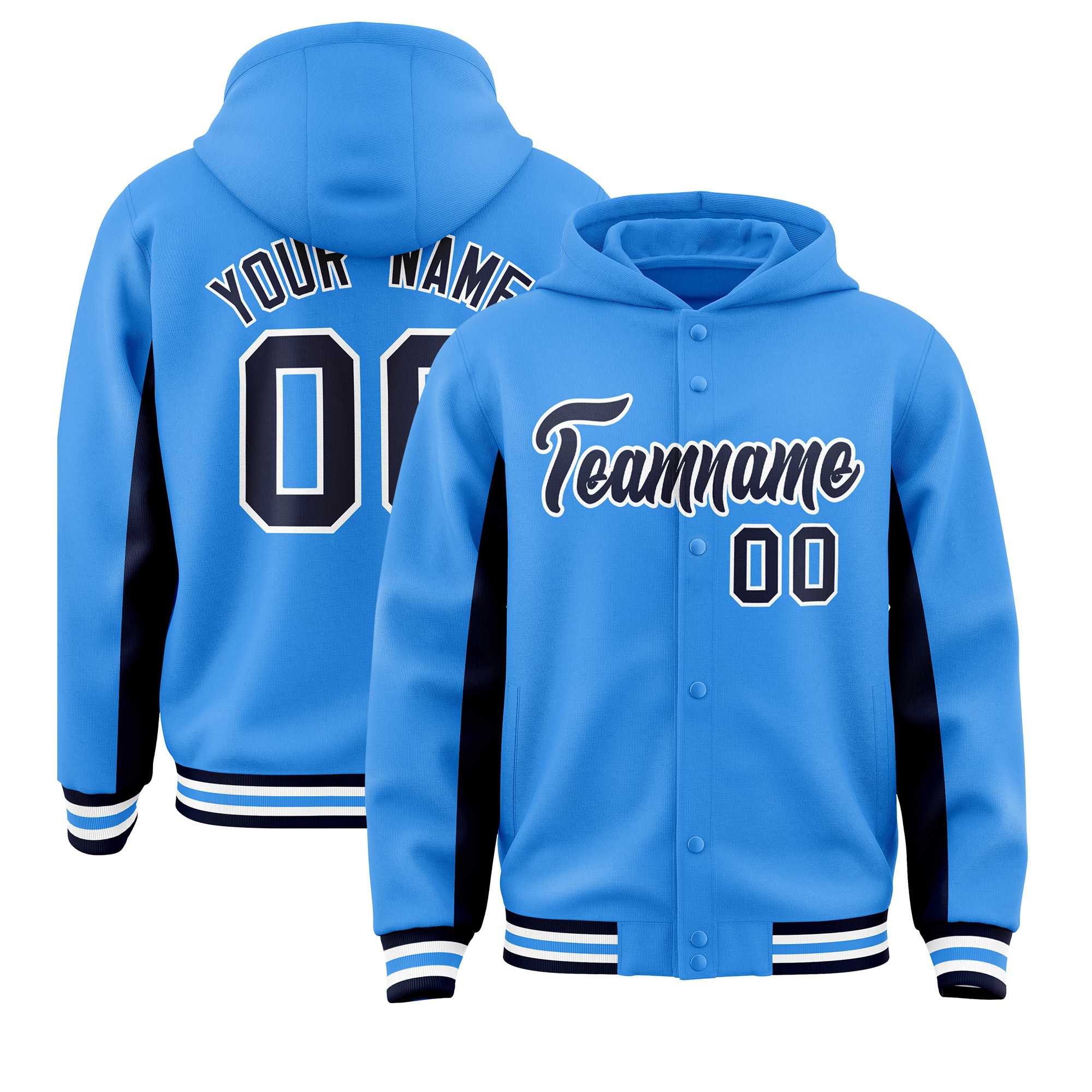 Custom Powder Blue Navy Color Block Varsity Full-Snap Letterman Jacket Hoodie| KXKSHOP