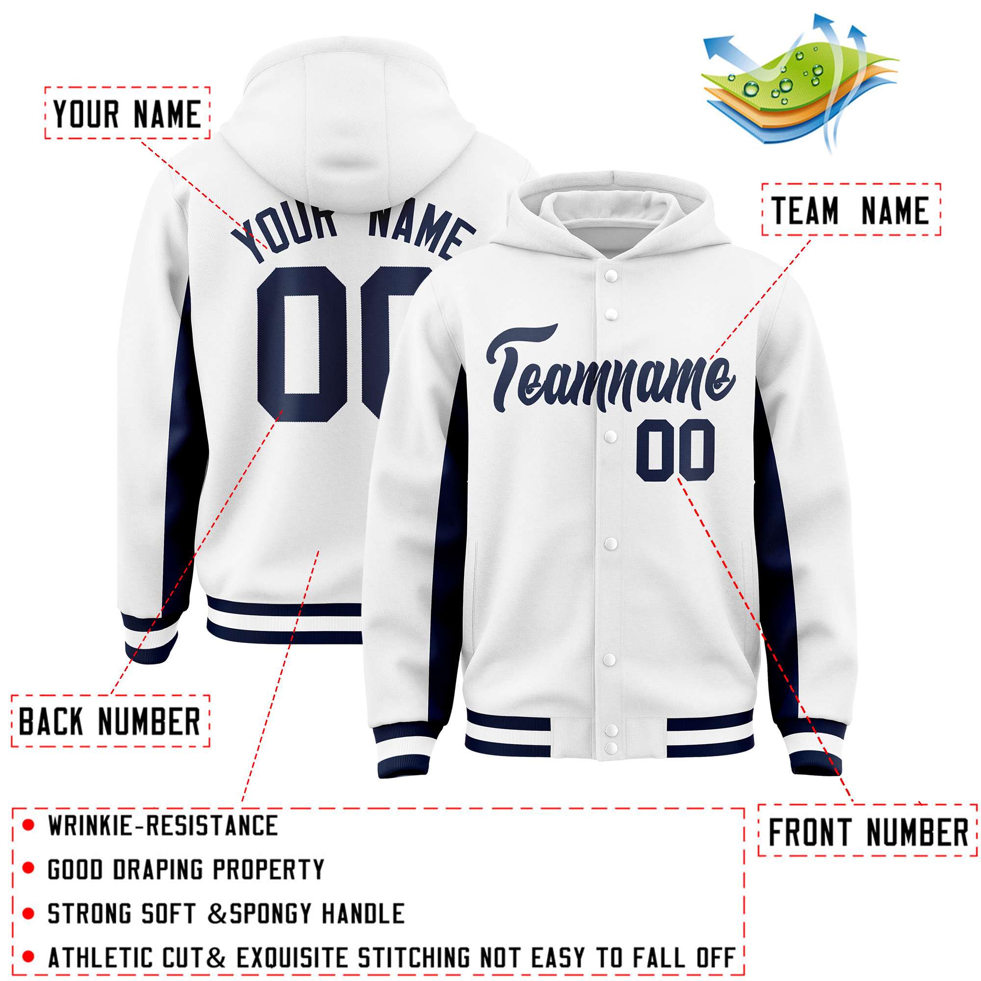 Custom White Navy Color Block Varsity Full-Snap Letterman Jacket Hoodie| KXKSHOP