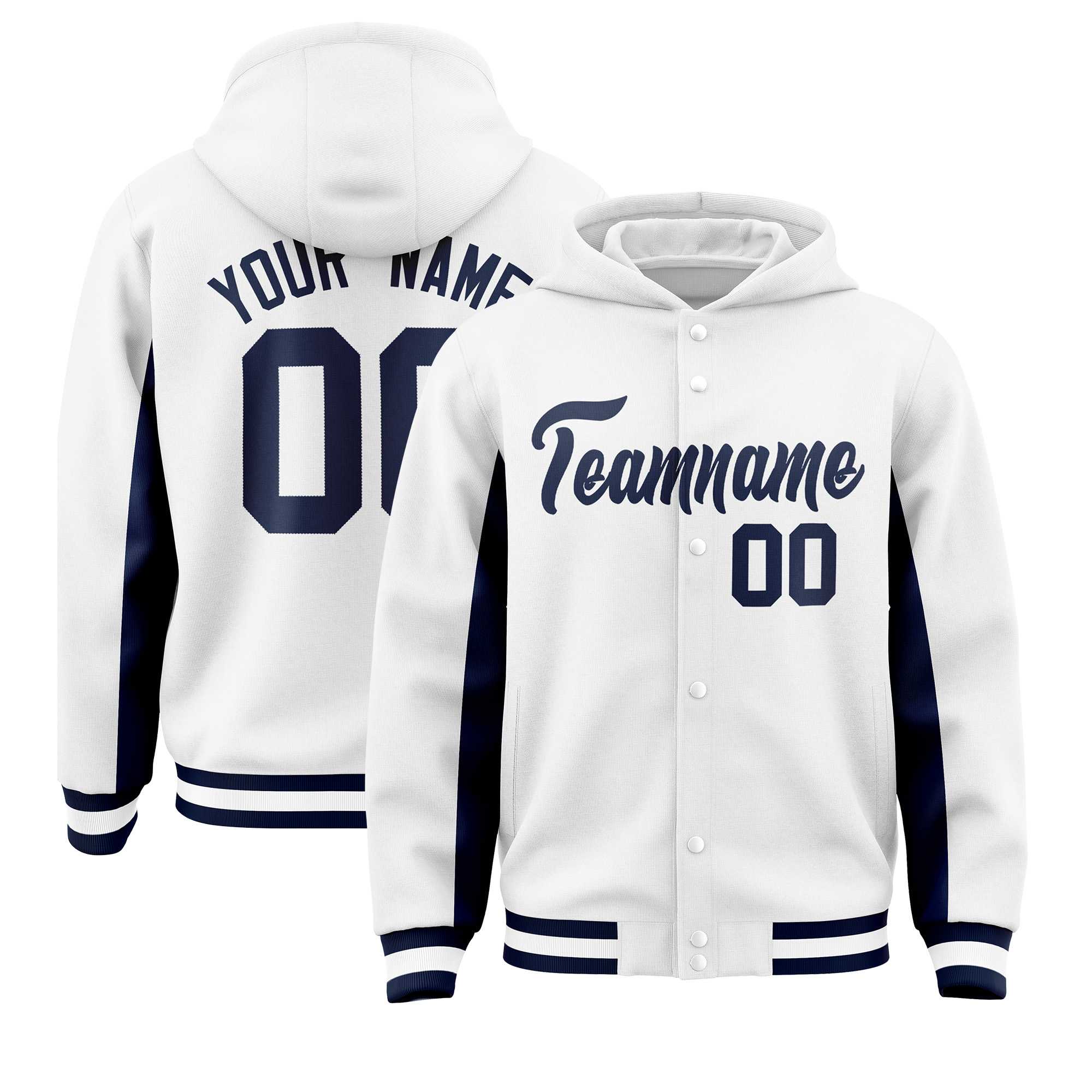 Custom White Navy Color Block Varsity Full-Snap Letterman Jacket Hoodie| KXKSHOP